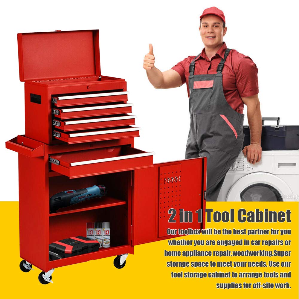 Heavy-Duty 5-Drawer Rolling Tool Chest with Lock - Mobile Tool Storage Cabinet for Workshop, Garage & Warehouse | Detachable Tool Box Organizer | Ideal for Mechanics, DIY Projects & Professional Use (Red)