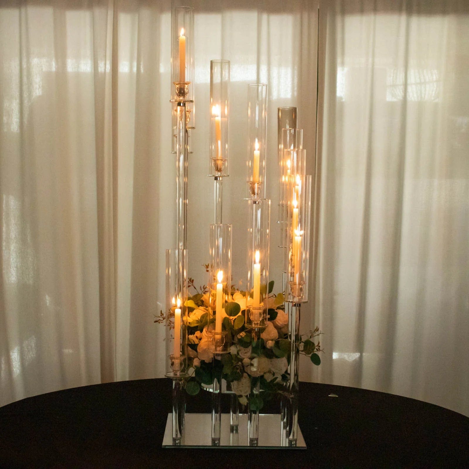 4.5 ft Tall 12-Arm Crystal Glass Square Candelabra Taper Candle Holder - Clear Elegant Centerpiece for Wedding, Dining Table & Home Decor
