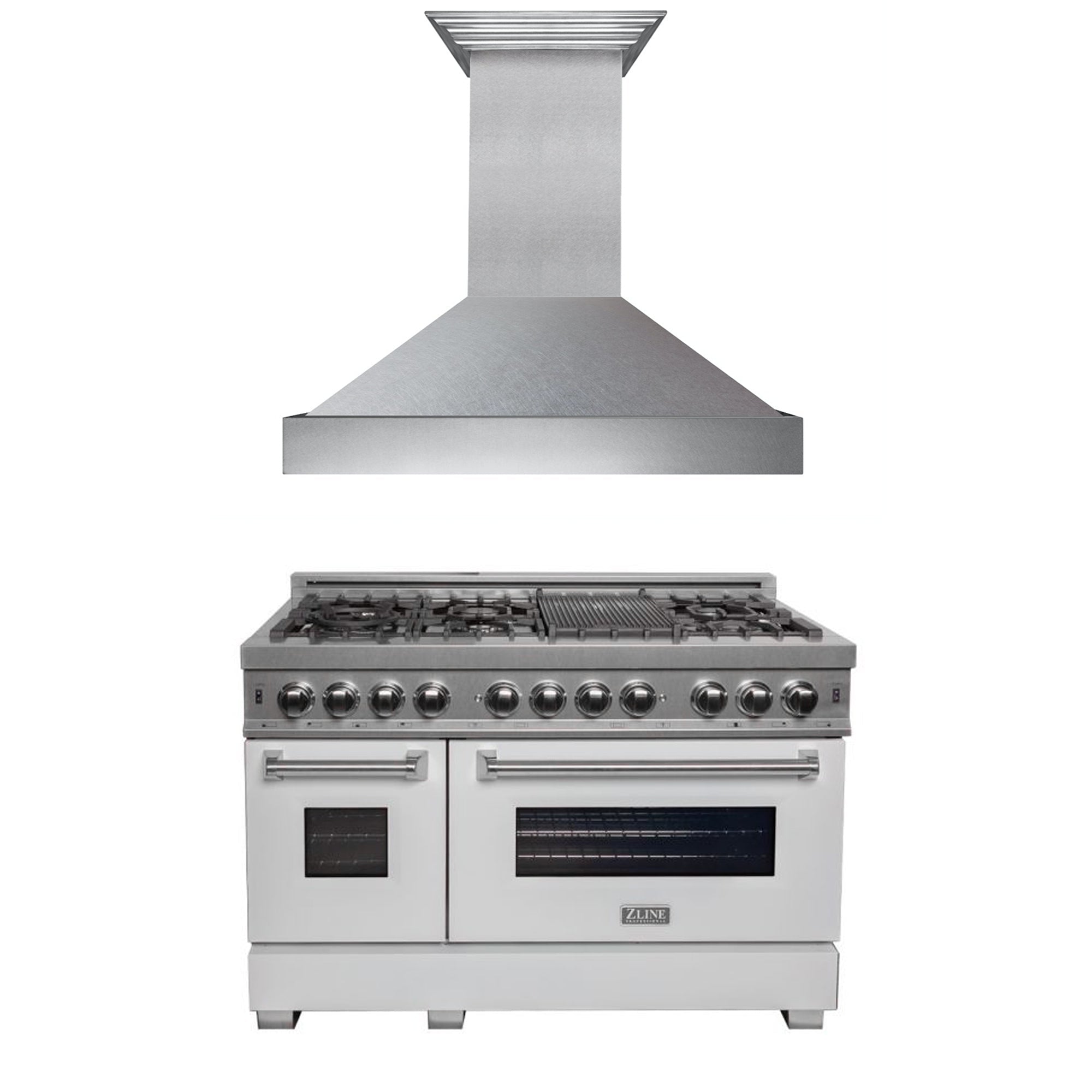 ZLINE 48-inch Professional Kitchen Package - Stainless Steel Dual Fuel Range with White Matte Door & Convertible Vent Hood | Perfect for Home Chefs & Modern Kitchens