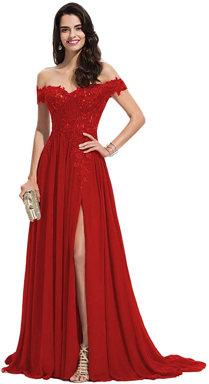 Elegant Chiffon Off Shoulder Prom Dress with High Slit & Lace Applique - Women's Formal Evening Gown for Homecoming, Wedding Guest, Cocktail Party & Special Occasions