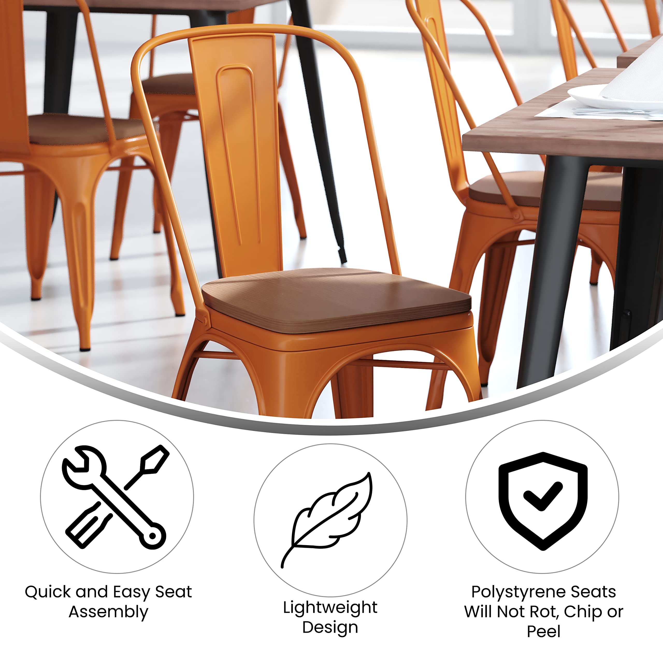 Commercial Stackable Chairs for Indoor & Outdoor Use - Durable Orange Metal Frame with Comfortable Teak Poly Resin Seat - Rounded Edges for Comfort - Perfect for Restaurants, Cafes, Events & Patio Seating