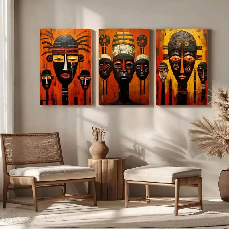 3-Piece Abstract African Tribal Metal Wall Art - Ready to Hang Canvas Prints for Living Room, Bedroom & Office Decor