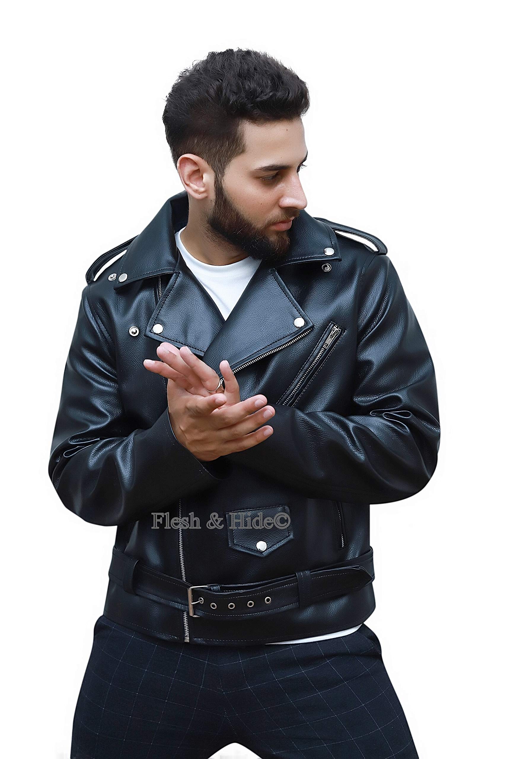 F&H Men's Born Free Double Rider Biker Motorcycle Jacket - Genuine Leather, Black, Size M - Perfect for Riding, Casual Wear & Outdoor Adventures