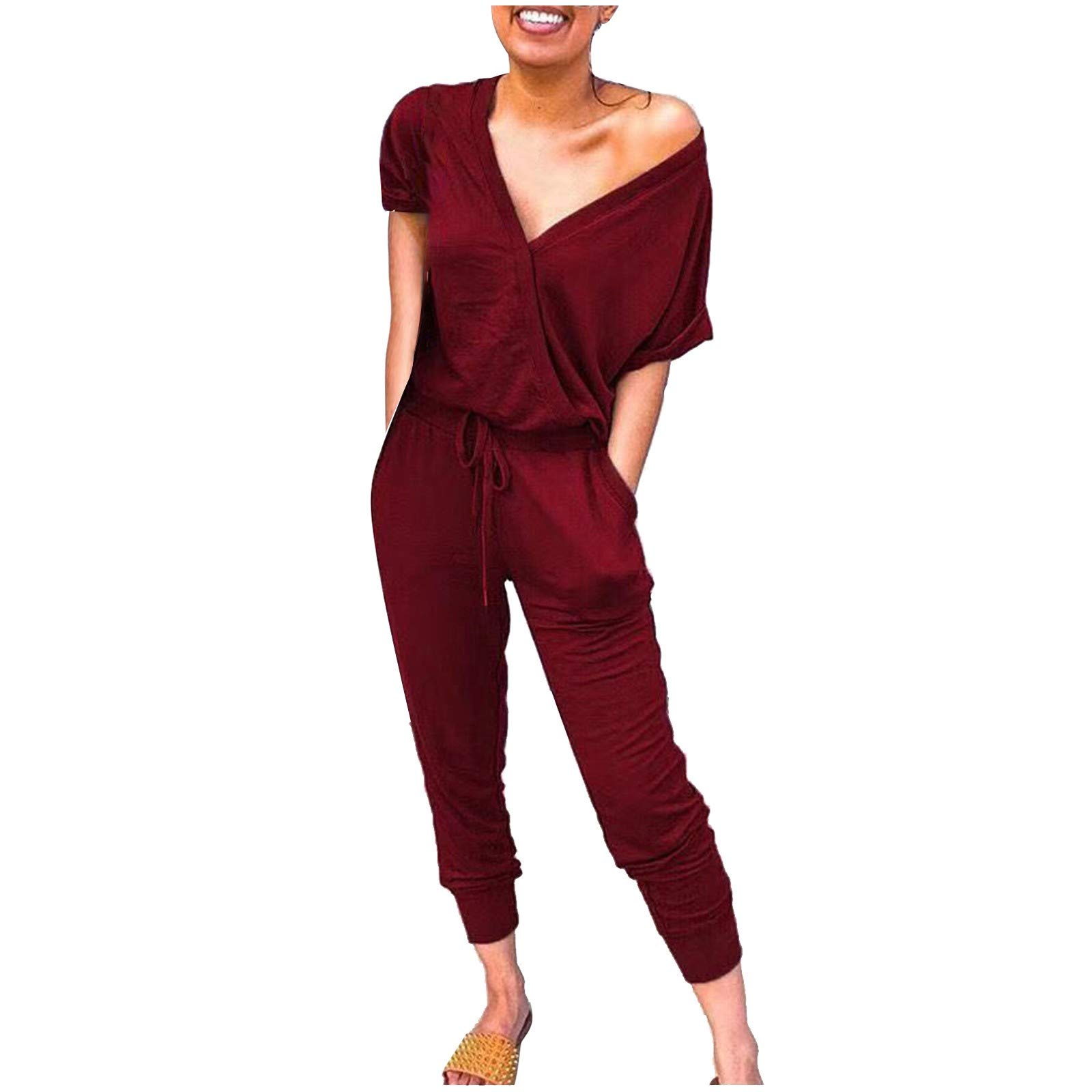 GTMANG Women's Long Casual Jumpsuit - V-Neck Wrap Design with Drawstring Waist & Sleeve Pockets | Sexy Romper for Summer Outfits, Beach Wear, and Casual Dates