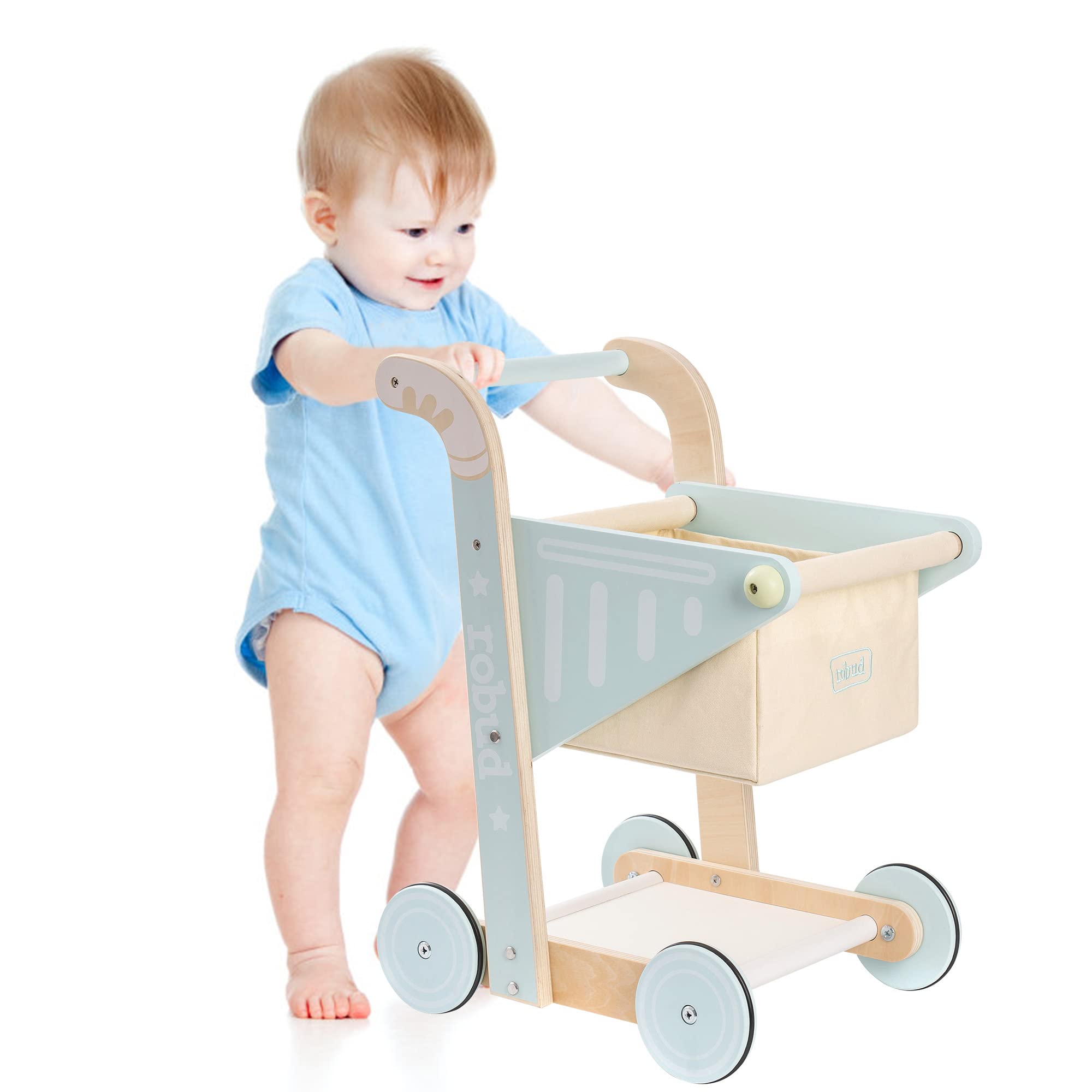 ROBOTIME Wooden Baby Push Walker & Shopping Cart Toy - Learning to Walk Assistant for Toddlers 10+ Months - Perfect for Boys & Girls - Encourages Early Walking & Playtime Fun at Home or Daycare