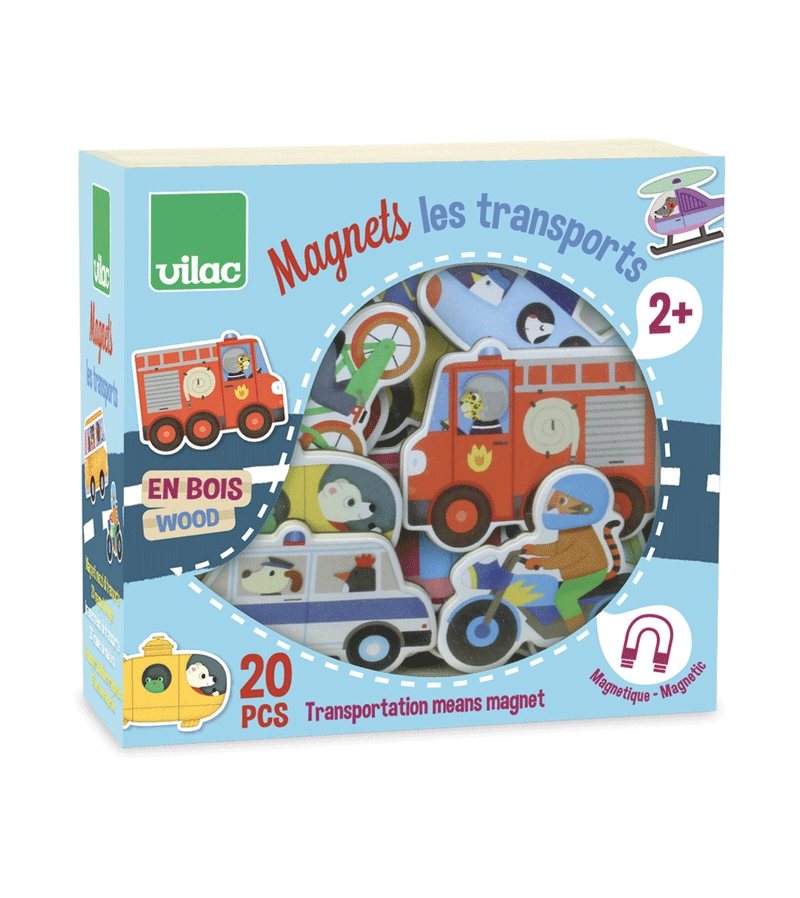 Vilac Wooden Magnetic Transport Toy Set for Kids - Colorful Vehicles & Road Signs - STEM Learning & Pretend Play - Perfect for Home, Classroom & Travel Activities