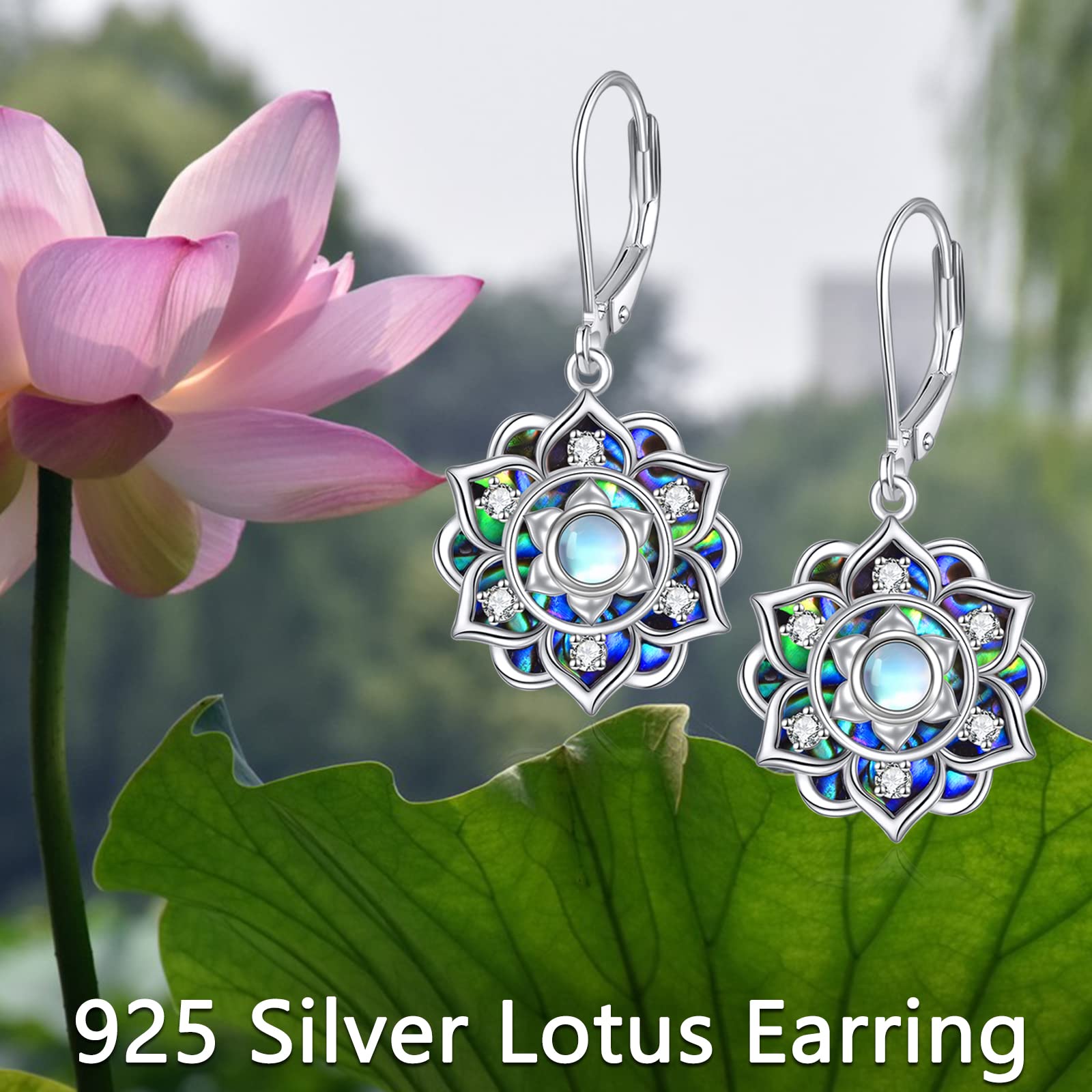 Moonstone Lotus Earrings - Sterling Silver Abalone Shell Lotus Flower Dangle Drop Earrings for Women | Yoga Jewelry, Mother's Day Gift for Mom | Perfect for Meditation, Boho Fashion & Special Occasions
