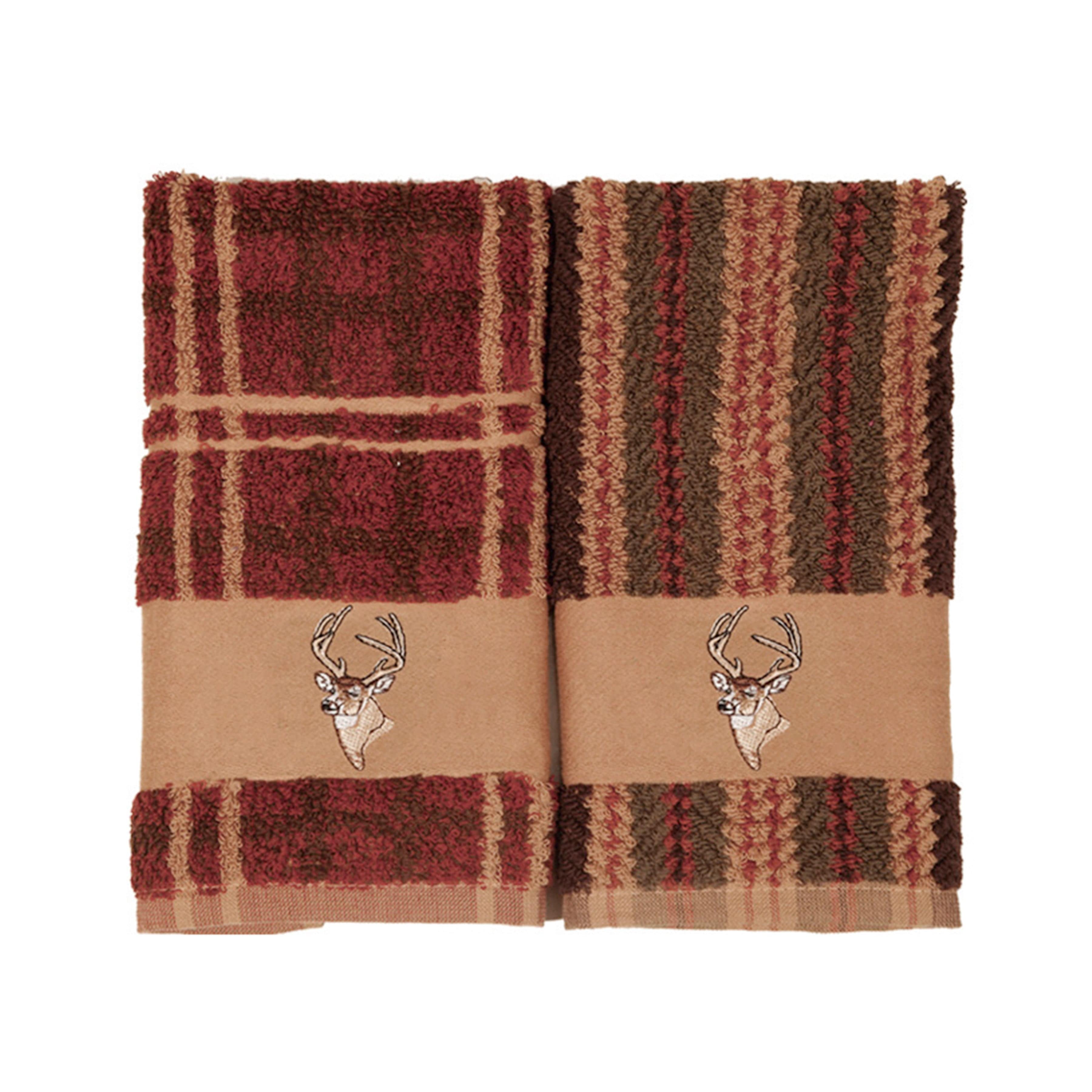 Deer Embroidered 3-Piece Bath Towel Set - Soft Striped Cotton Bath Towels for Bathroom, Spa & Guest Use
