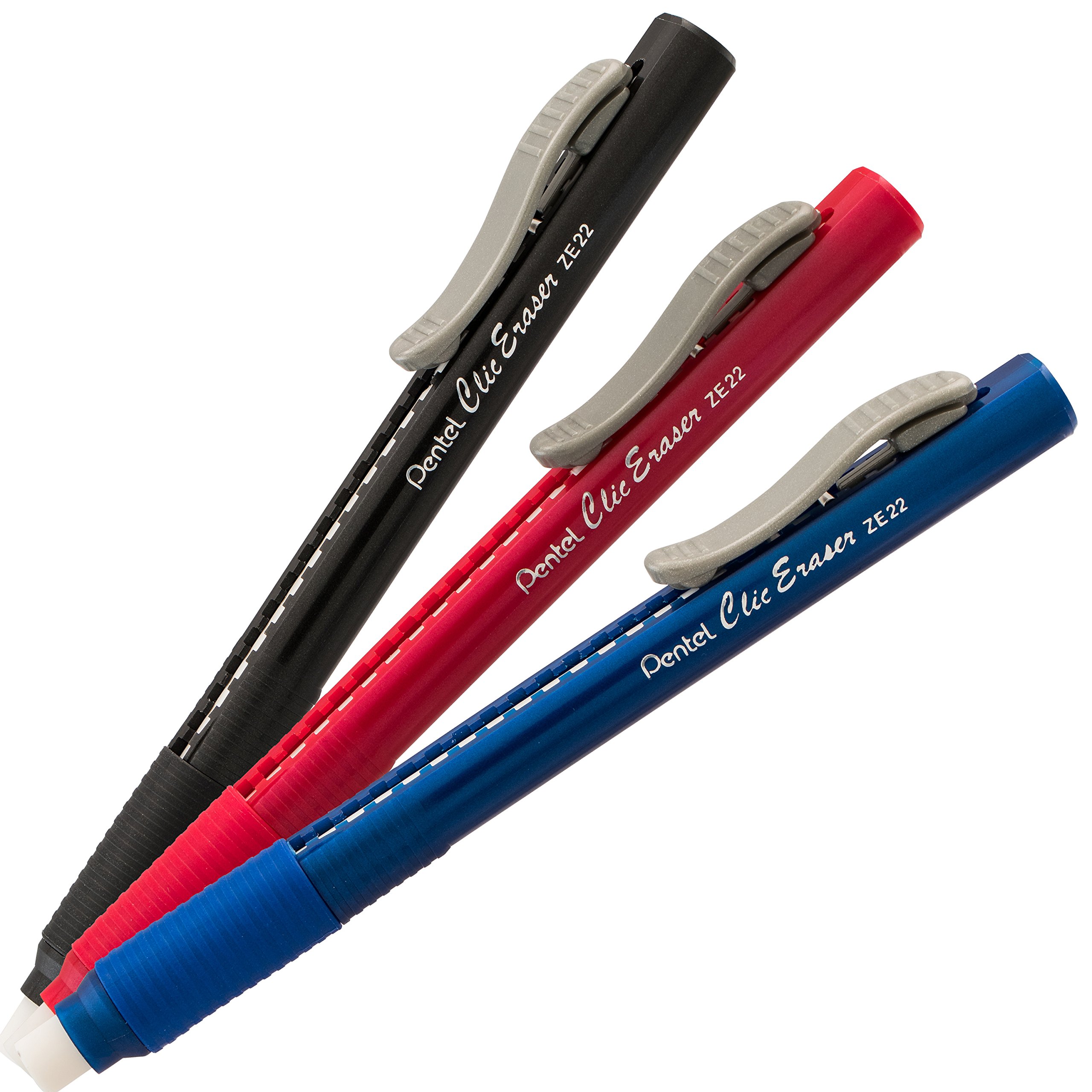 Pentel Clic Eraser Grip Retractable Eraser with Comfortable Grip, 7-Pack (Black, Red, Blue) - Ideal for Office, School, and Art Projects