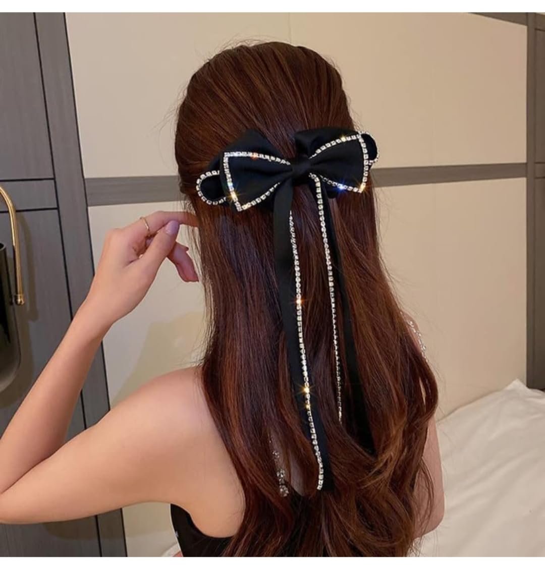 Shidara Velvet Large Bow Hair Clip with Rhinestone Tassel - Elegant French Design Barrettes for Women & Girls (Black) | Perfect for Weddings, Parties & Everyday Fashion Accessories