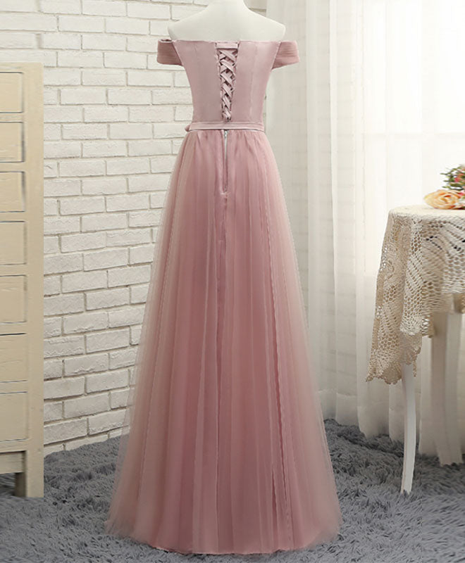 Elegant Pink A-Line Tulle Off-Shoulder Long Prom Dress for Women - Perfect for Evening Gowns, Homecoming, Formal Events & Special Occasions