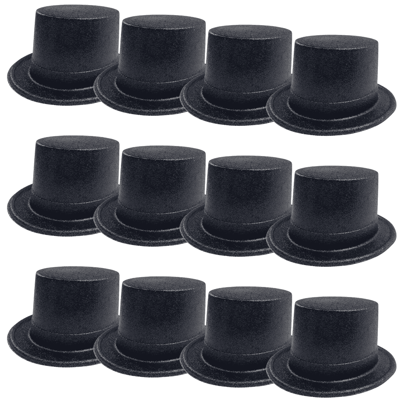 12-Pack Glitter Top Hats for Adults - Shiny Black Plastic Party Hats for Costumes, Dress Up, Bachelorette, Halloween & New Year Celebrations
