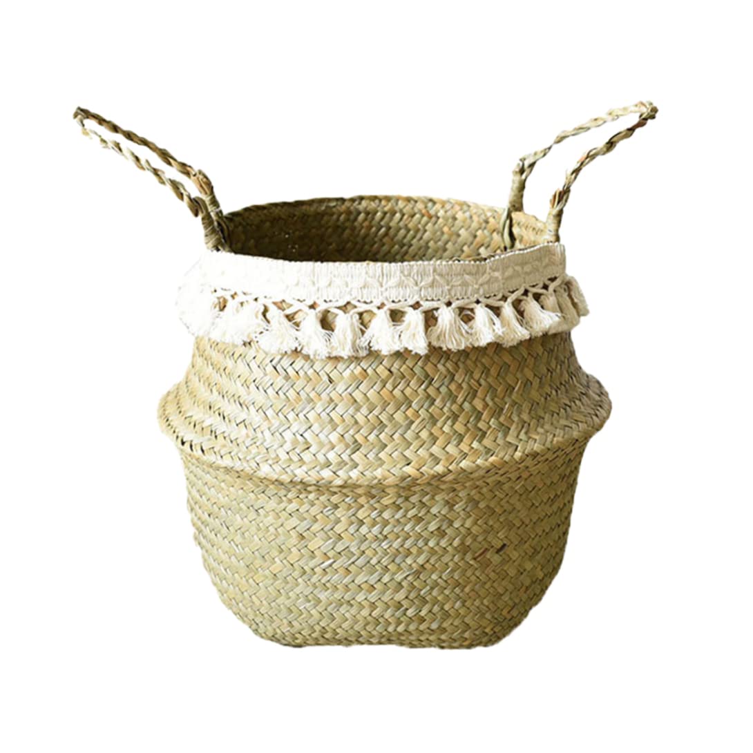 Natural Seagrass Woven Basket with Handles - Foldable Plant Pot, Home Decor Storage Organizer for Laundry, Flowers & Organizing | Stylish White Tassel Accent | Perfect for Boho Home Decor, Bathroom Storage & Nursery Organization