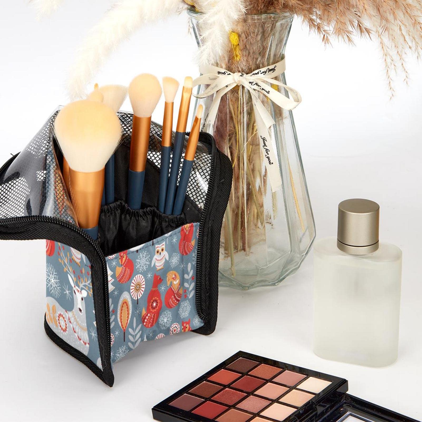 12-Piece Makeup Brush Organizer Bag Set with Deer, Owl & Fox Designs - Portable Cosmetic Brush Holder Case for Travel & Home Vanity Organization