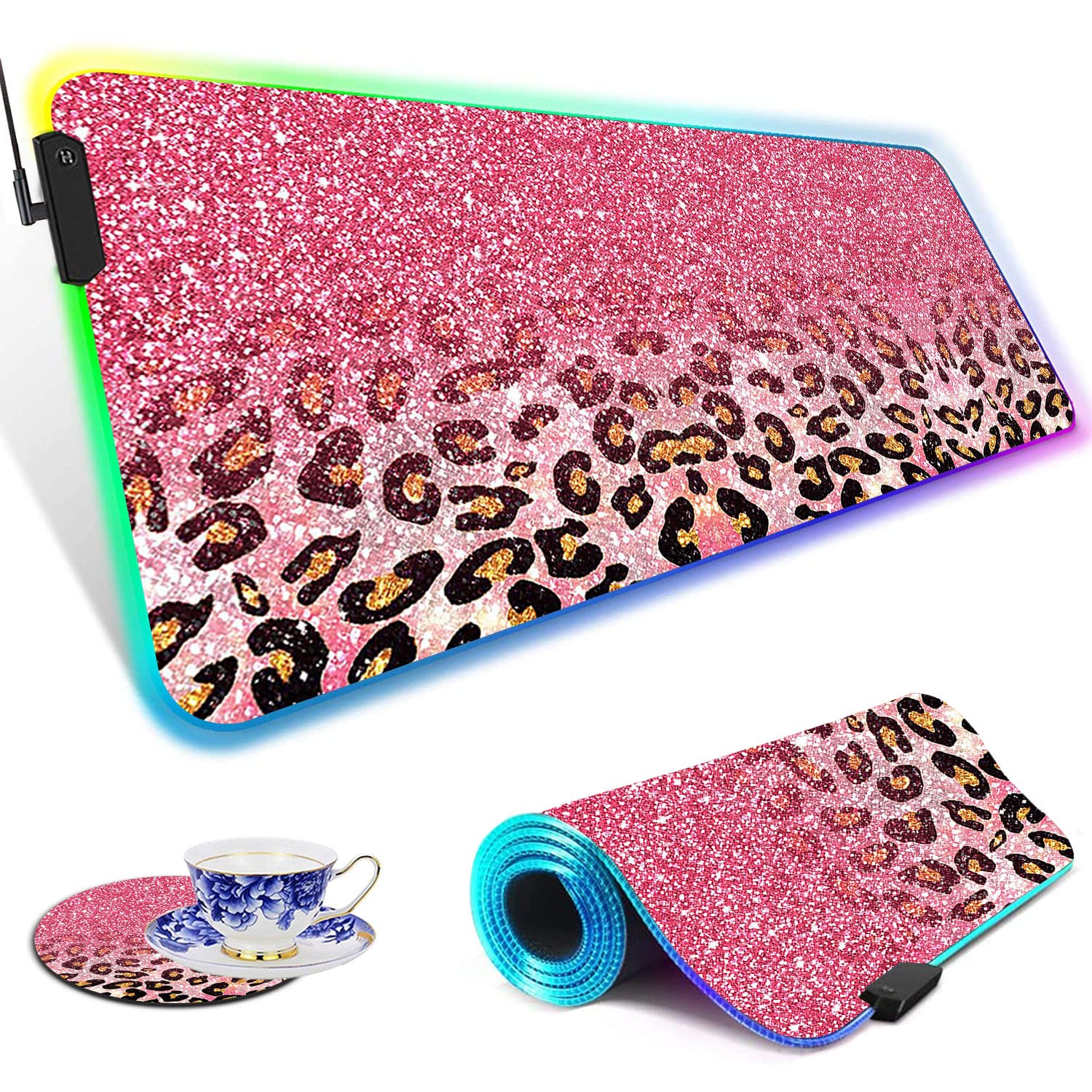 RGB Gaming Mouse Pad with LED Lights - Large Non-Slip Waterproof Desk Mat for Keyboard & Mouse - Pink Glitter Leopard Design - Perfect for PC Gaming, Office Work & Streaming Setup