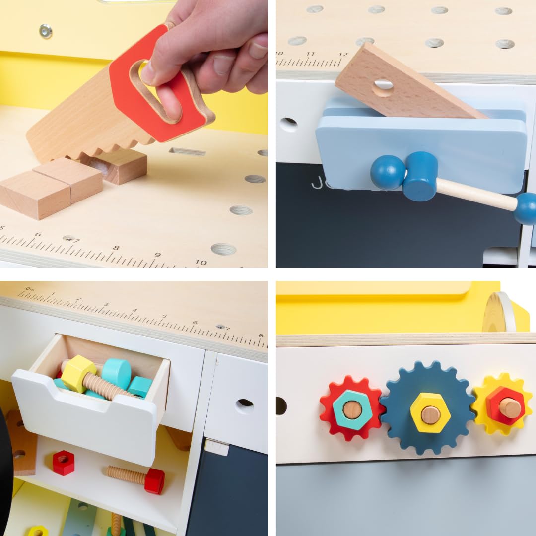 Construction Truck Wooden Playset with 60+ Toy Pieces - Pretend Play Hammer, Saw, Bolts & Screws - Spinning Turn Saw & Steering Wheel - Dual-Sided Play Stand & Workbench - Perfect Kids Gift for Building & Pretend Play - Great for Indoor Playtime & STEM Learning