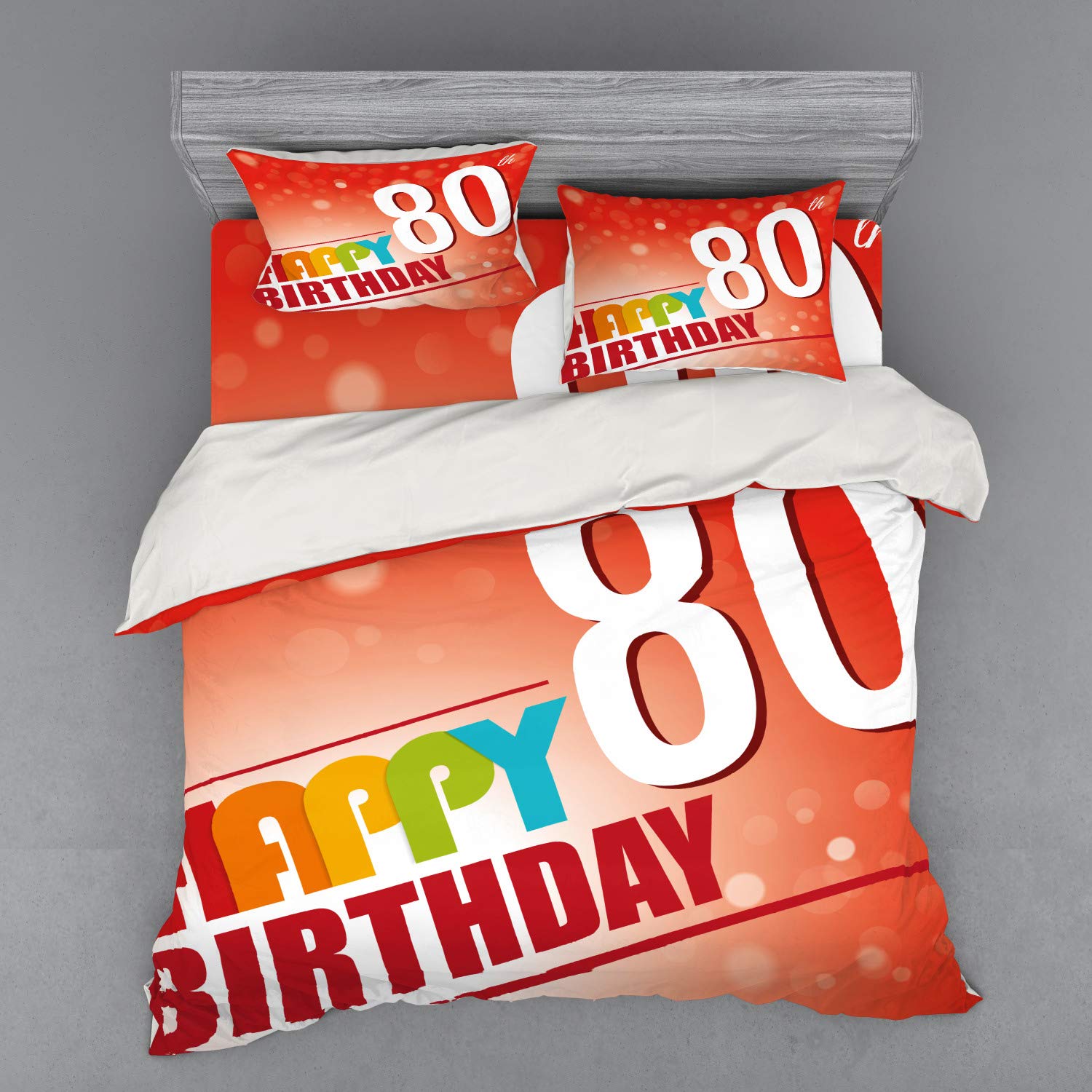 Ambesonne 80th Birthday Bedding Set - King Size 4-Piece Duvet Cover with Shams & Fitted Sheet, Abstract Colorful Design in Red Vermilion & White - Perfect for 80th Birthday Party Decorations & Gift Ideas