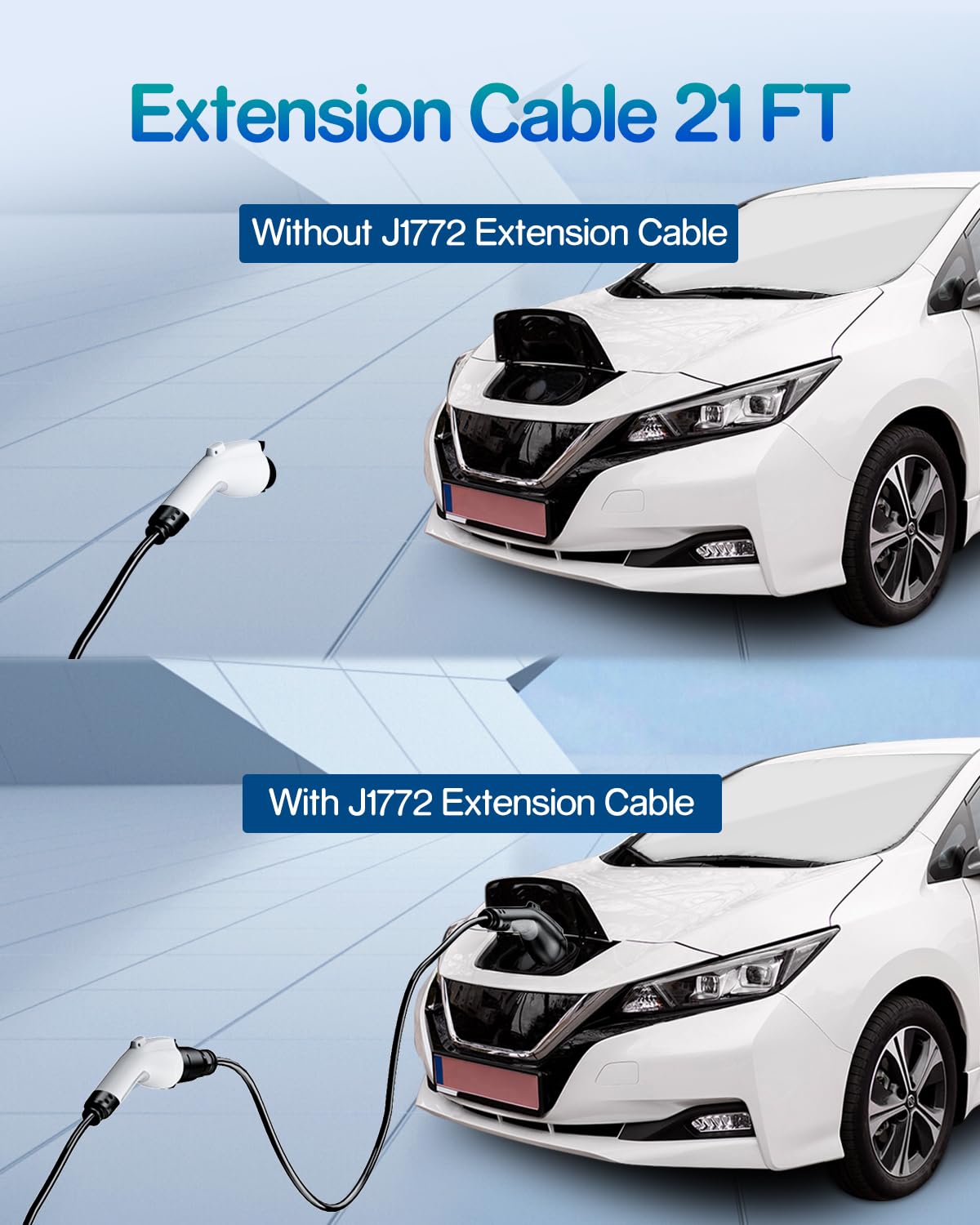 21ft 40Amp J1772 EV Charger Extension Cable - 110V-240V SAE J1772 Compatible for Level 1 & Level 2 Charging - IP66 Waterproof for Tesla, Chevy, Nissan EVs & PHEVs - Perfect for Home, Garage & Outdoor Charging with Convenient Storage Bag