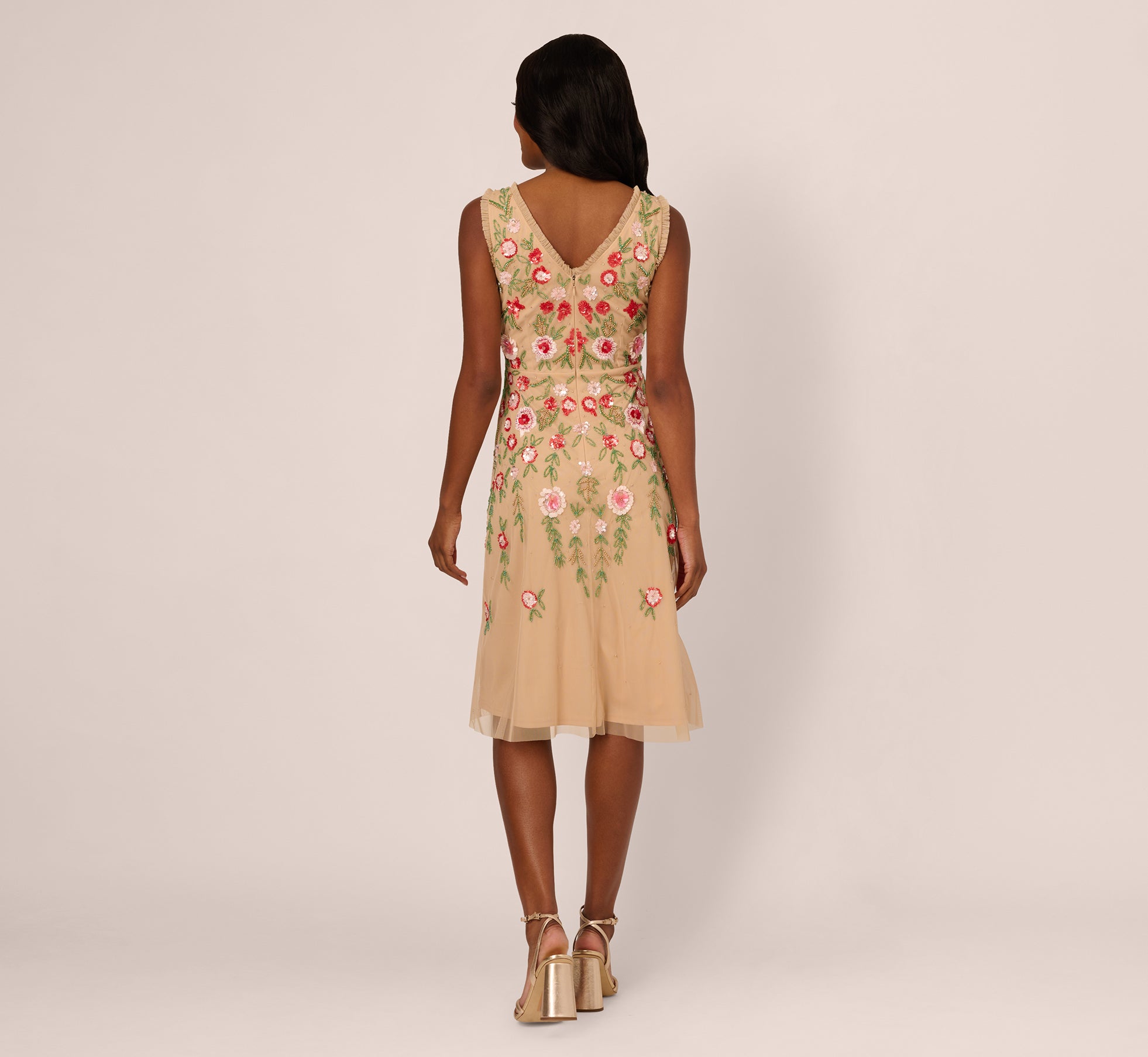 Sleeveless Fringe Trim Floral Bead Midi Dress in Nude Multi - Boho Summer Dress for Beach Wedding, Vacation & Party Wear