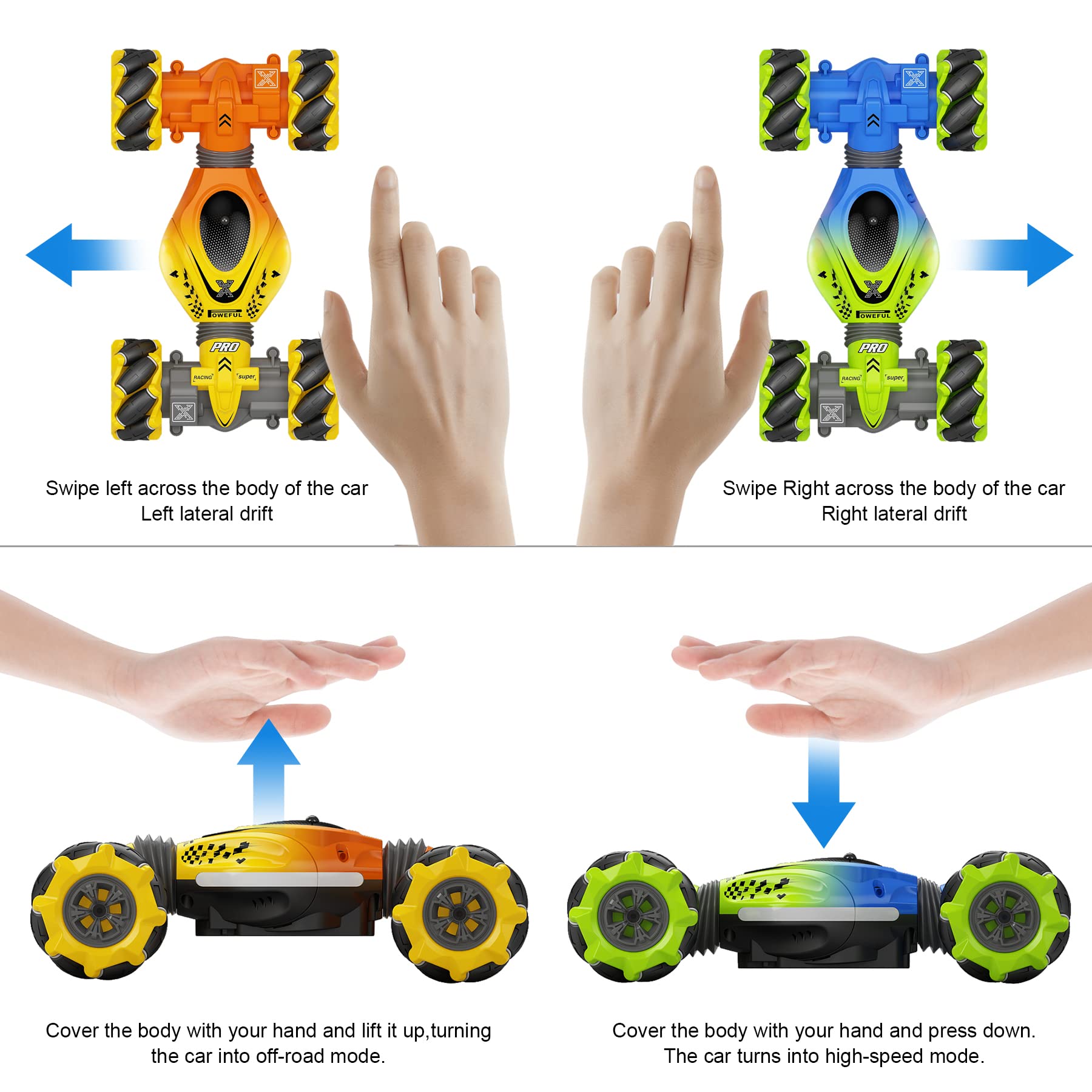 2 Pack 4WD Gesture Sensing Remote Control RC Cars - Green & Yellow Electric Toy Cars with Hand Motion Control | Perfect Birthday Gifts for Boys, Girls & Kids | Indoor & Outdoor Play, Party Favors, Racing Competition Toys