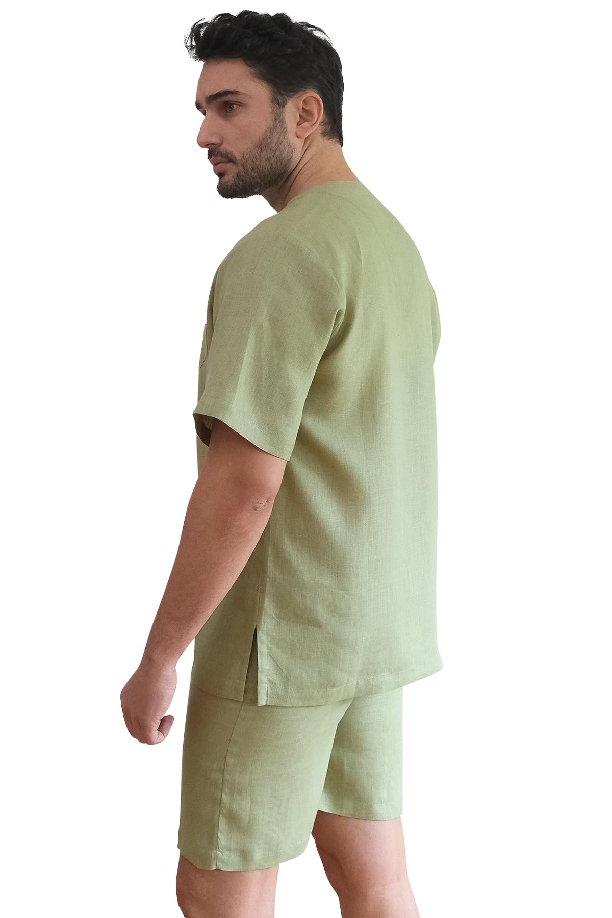 Men's V-Neck Linen Short Pajamas Set - Premium European Made Sleepwear for Summer Nights & Lounge Wear