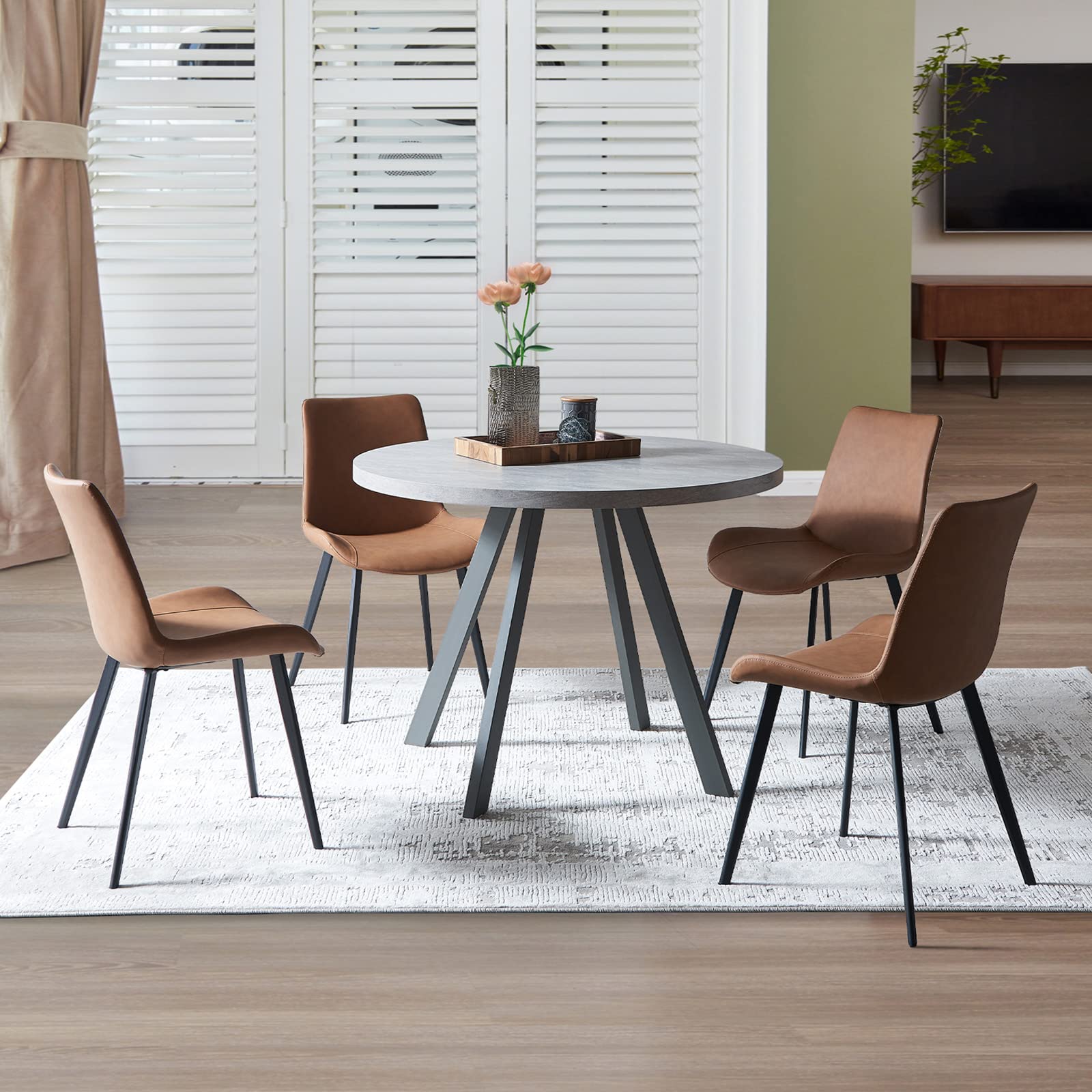 Mid Century Modern Round Dining Table Set with 4 Brown Chairs - Space Saving Small Kitchen Table for Breakfast Nook, Apartment Dining, and Cozy Family Meals