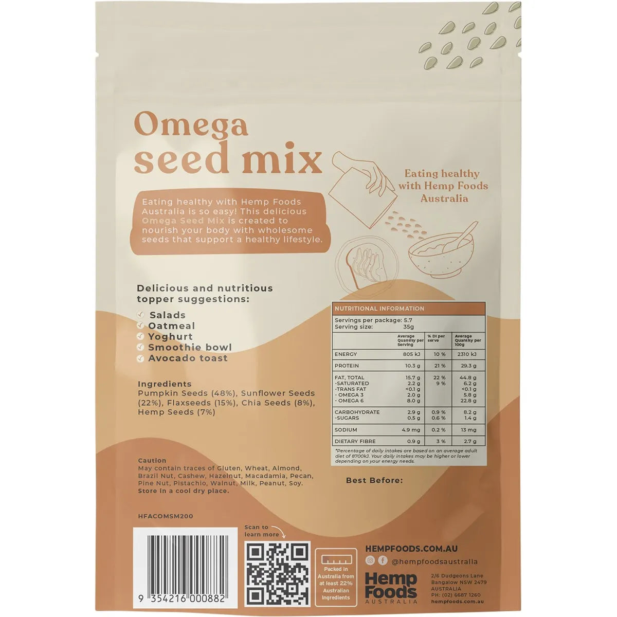 Hemp Foods Australia Omega Seed Mix 200g - Organic Superfood Blend with Chia, Flax & Pumpkin Seeds - Perfect for Smoothies, Yogurt & Baking | High in Protein & Fiber