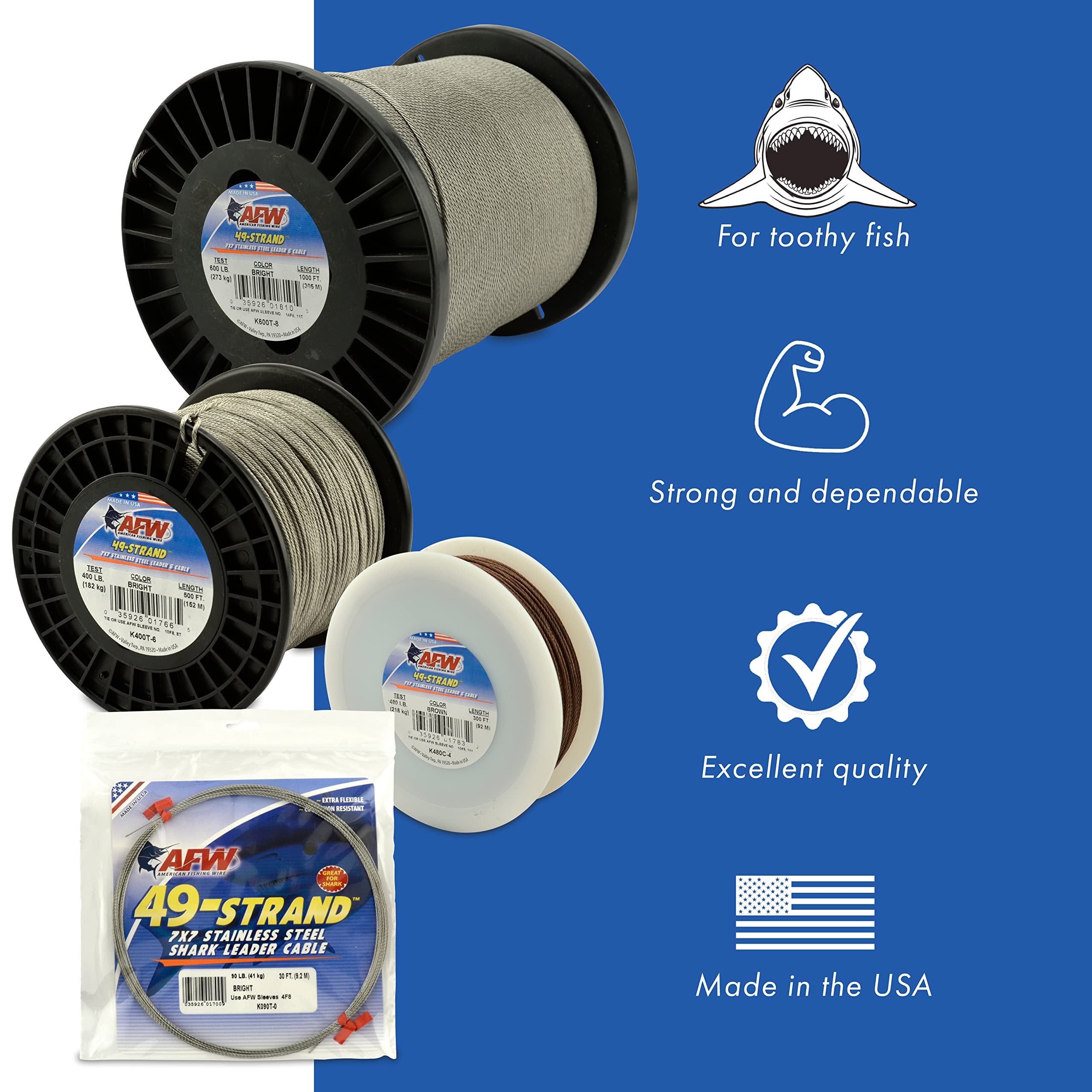 49 Strand 7x7 Stainless Steel Fishing Leader Wire - Heavy Duty Shark Fishing Cable with 900lb Test Strength | Saltwater & Freshwater Fishing Gear for Big Game, Trolling, and Offshore Angling
