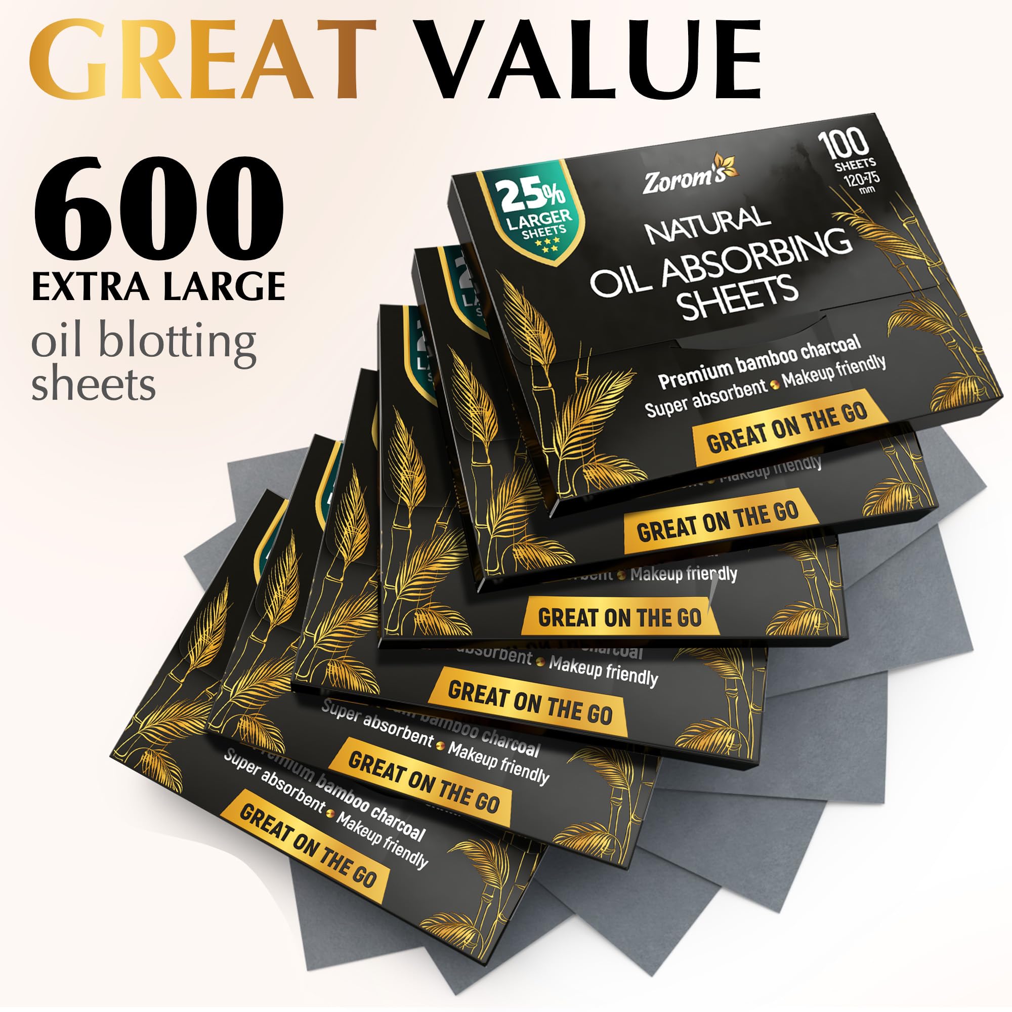 Bamboo Charcoal Oil Absorbing Sheets for Face - 25% Larger & Makeup Friendly - 6pk/600 Natural Blotting Papers - Perfect for Oily Skin & Touch-Ups On-The-Go
