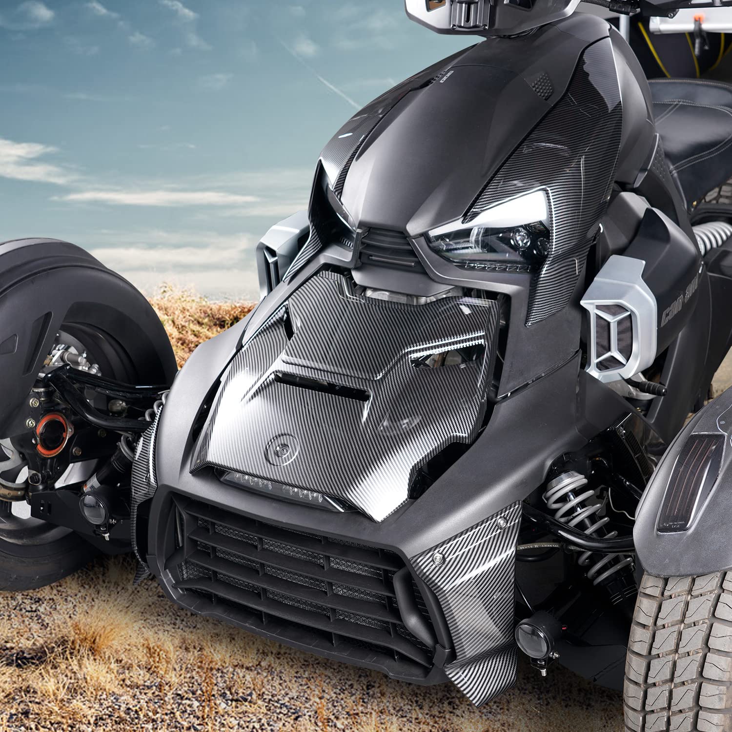 Carbon Fiber Front Grill Trims & Lower Grill Protector for Can-Am Ryker (All Models) - 2PCS Set, OEM #219400947 Replacement - Off-Road UTV Accessories for Enhanced Style & Protection