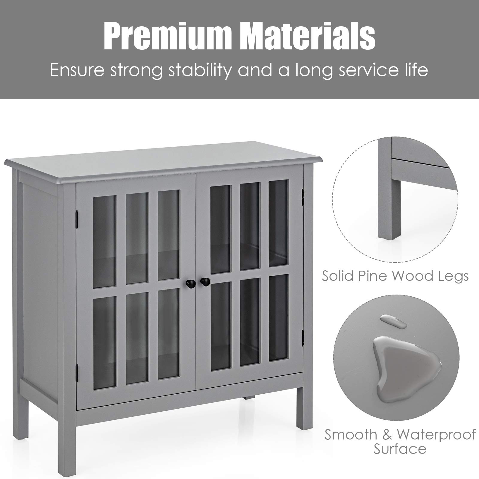 Tangkula Grey Sideboard Buffet Cabinet with 2 Glass Doors - Kitchen Dining Room Storage Cabinet, Liquor Curio Display, Cupboard Console Table for Home Decor & Entertaining