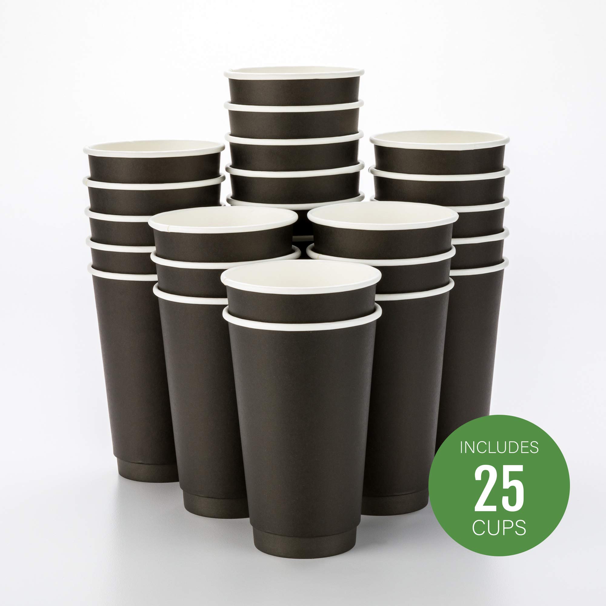 16oz Disposable Double Wall Coffee Cups (25 Pack) - Insulated Hot Cups for Coffee, Tea, Hot Chocolate - Black Rippled Paper Design - Lids Sold Separately - Perfect for Cafes, Offices & Home Use