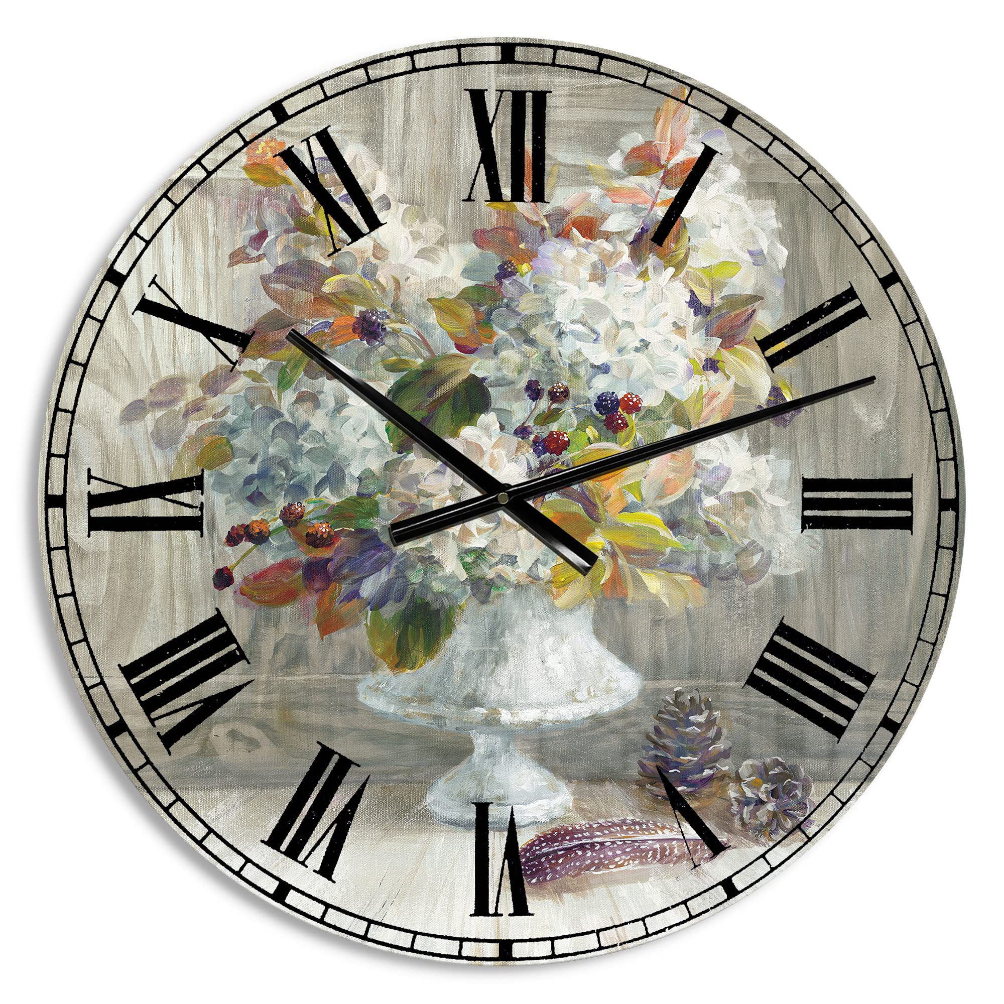 DesignQ Rustic Florals White Wall Clock - Vintage Farmhouse Decor for Cabin, Bedroom, Bathroom, Office & Living Room | Perfect for Home, Cottage & Country Style Interior Design