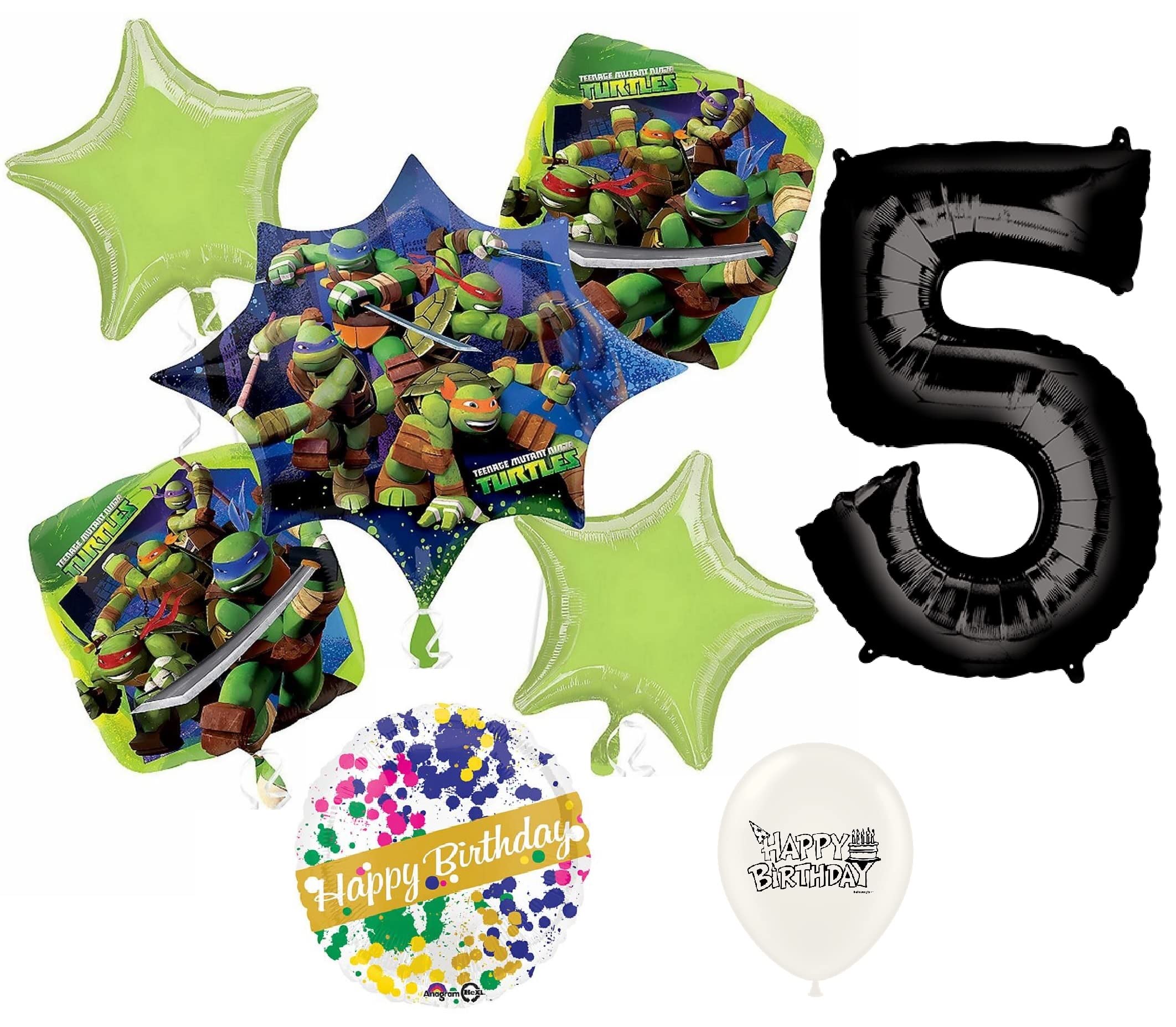 Black Number 5th Birthday Teenage Mutant Ninja Turtles Balloon Bouquet Bundle - Perfect for Kids Birthday Party Decorations & TMNT Themed Celebrations