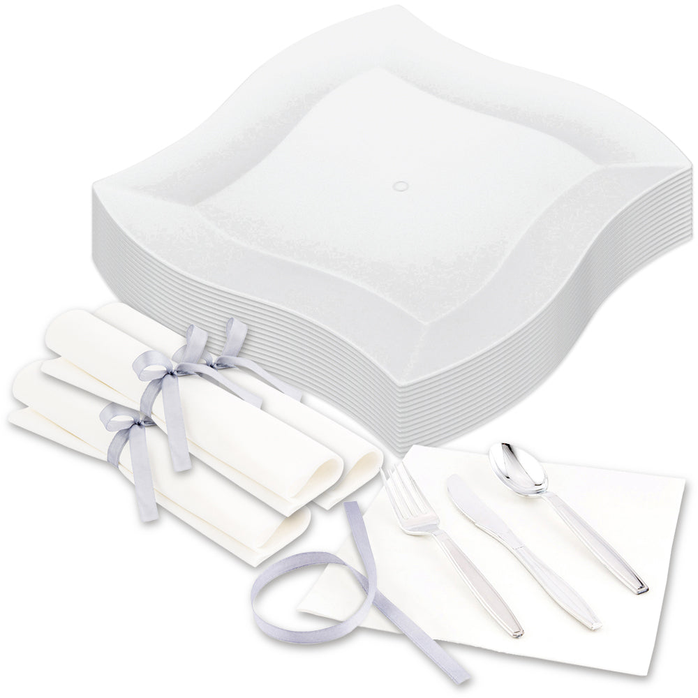 100-Pack 9-Inch Square White Plastic Plates & 100-Piece Silver Plastic Cutlery Set - Durable Disposable Dinnerware for Parties, Picnics, and Catering Events