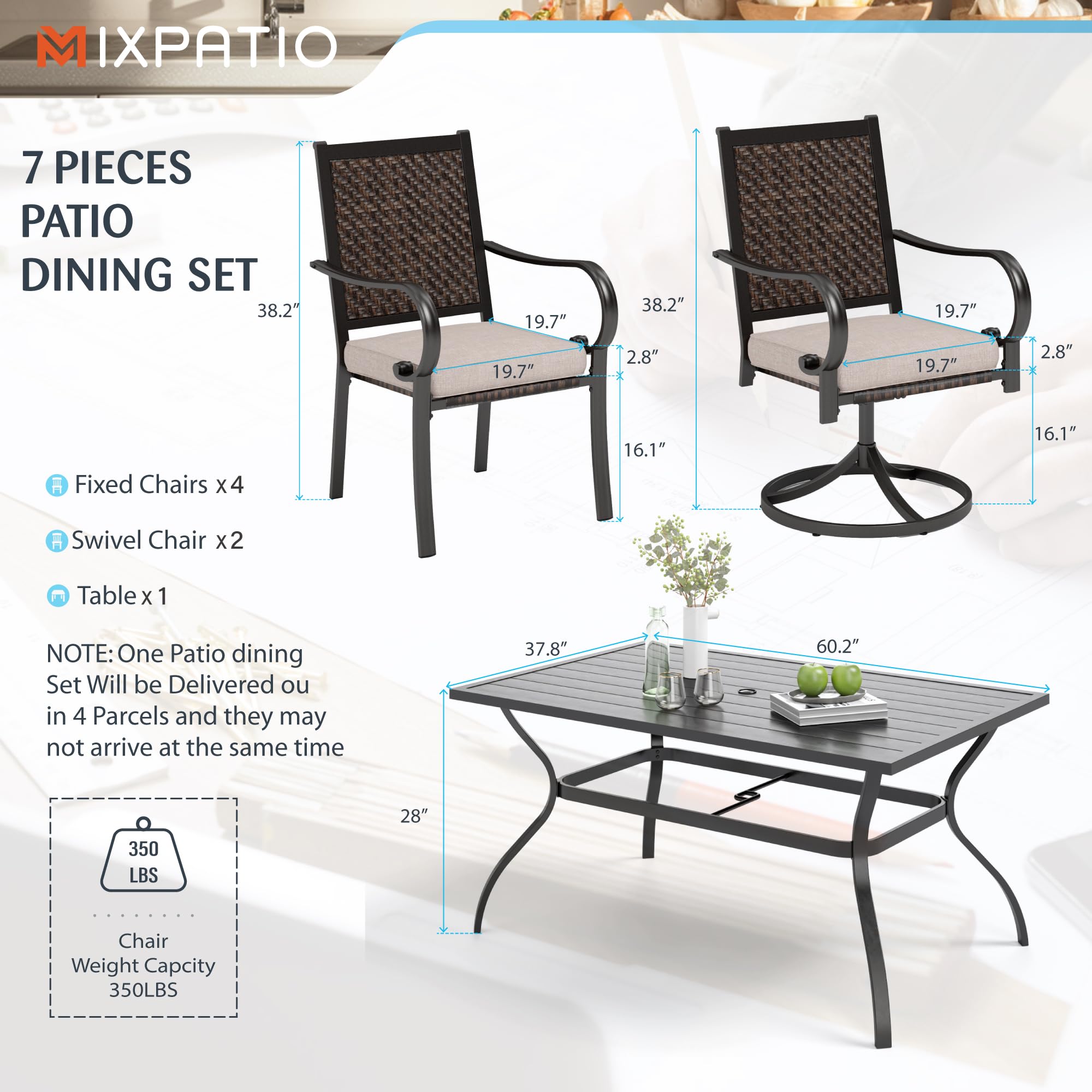 7-Piece Outdoor Patio Dining Set with 6 Chairs (2 Swivel) & Metal Table (1.9