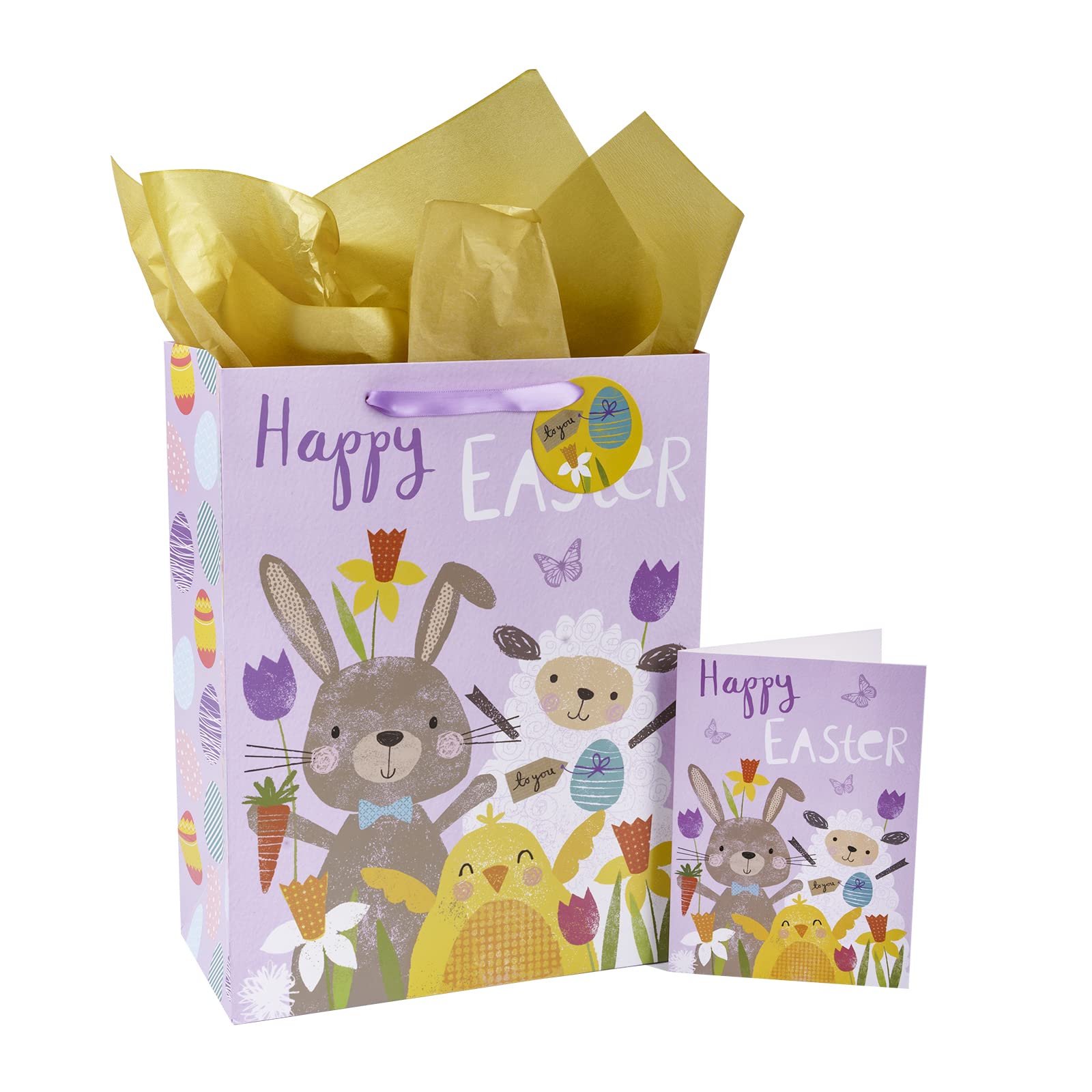 MAYPLUSS 13 Inch Large Easter Gift Bags with Greeting Card & Tissue Paper - Cute Rabbit, Chicken, Sheep Design for Easter Basket Stuffers, Party Favors & Holiday Gift Wrapping