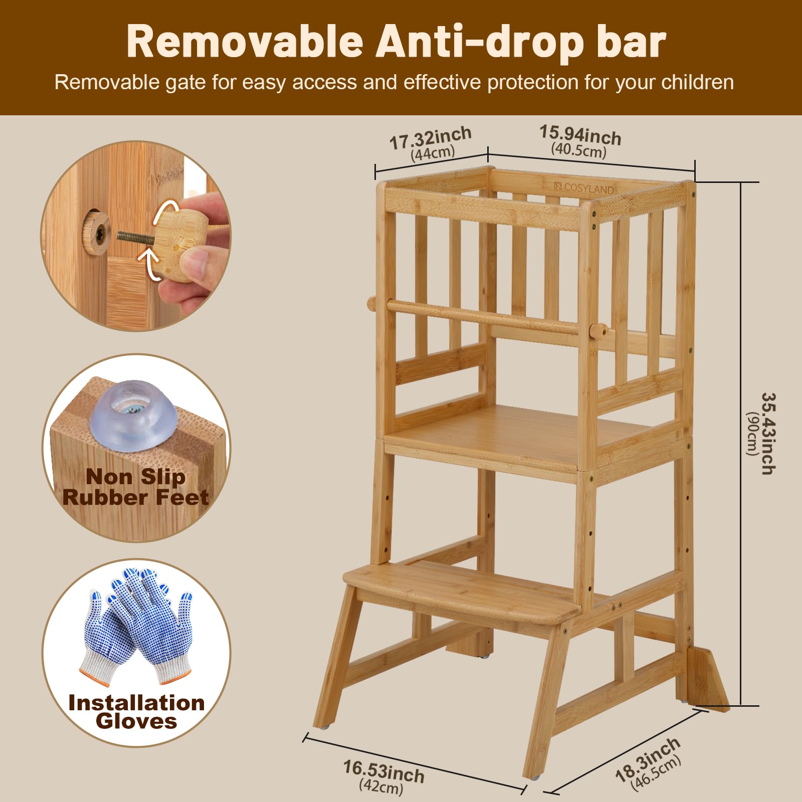 **COSYLAND Adjustable Toddler Step Stool - Natural Bamboo Learning Tower with Safety Rail for Kitchen, Playroom & Montessori - Lightweight & Sturdy Helper Stand for Kids**