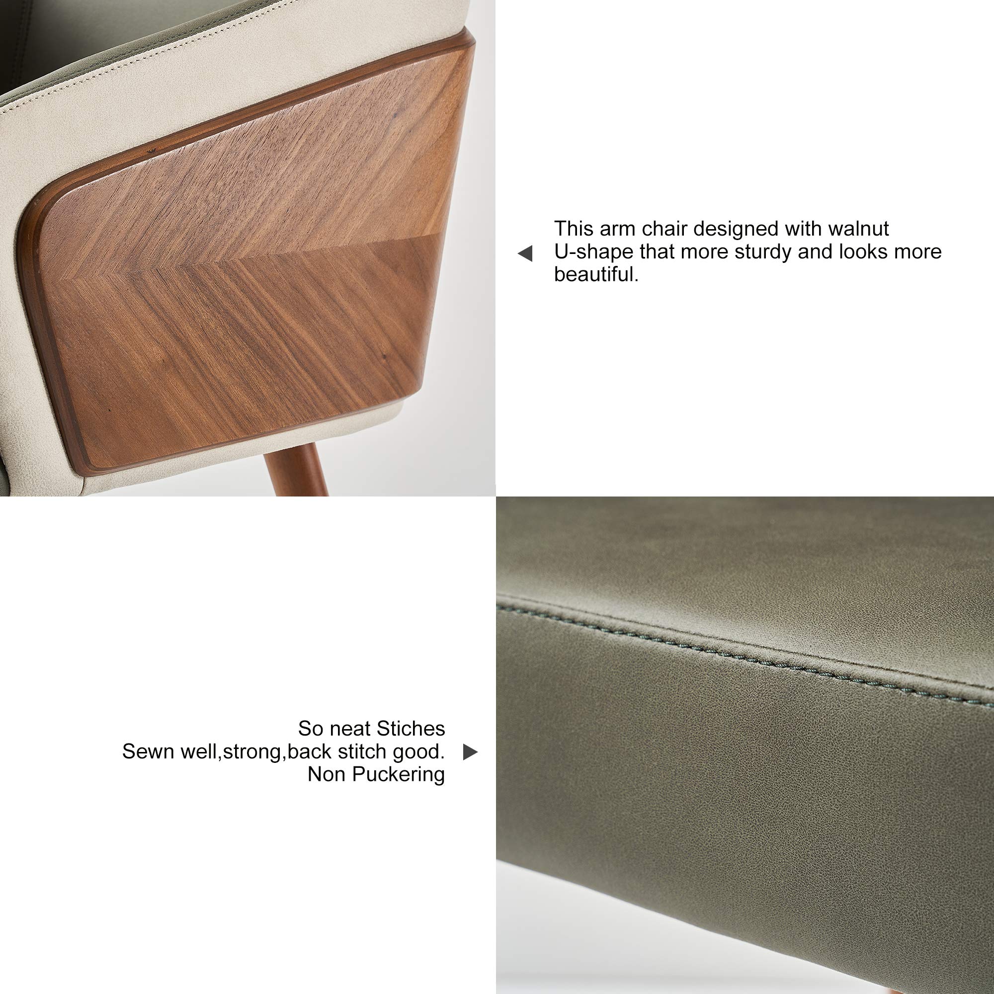 ARTPLAN Mid Century Modern Dining Chair - Faux Leather & Walnut Upholstery, Retro Accent Armchair with Metal Legs - Adjustable & Easy Assembly - Perfect for Kitchen, Dining Room & Home Office (Army Green)
