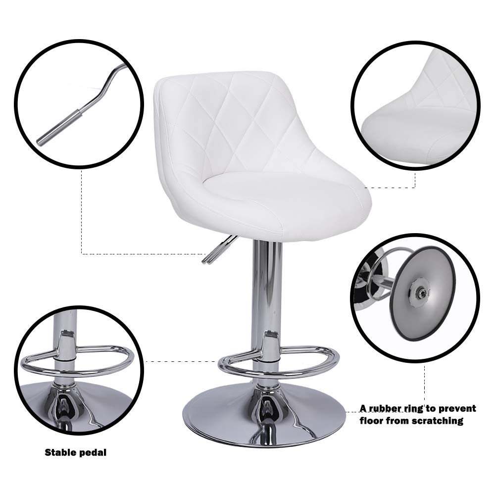 Modern PU Leather Hydraulic Adjustable Bar Stools with Back - Set of 2 White Kitchen Counter Stools for Dining Room, Home Bar & Breakfast Nook