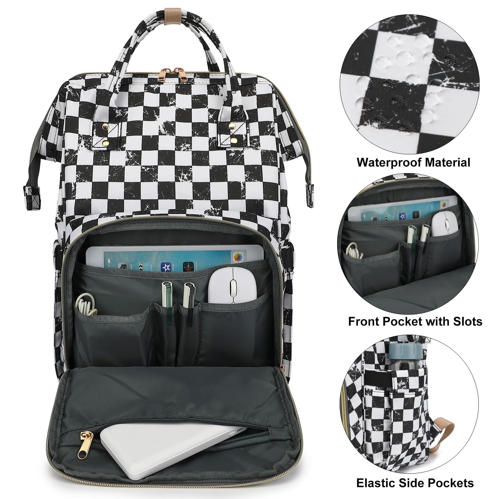 Stylish Women's Laptop Backpack - 15.6 Inch Waterproof College Bookbag for School, Work & Business Travel (Marble Checkered Pattern) - Perfect for Commuting, Campus Life & Office Professionals