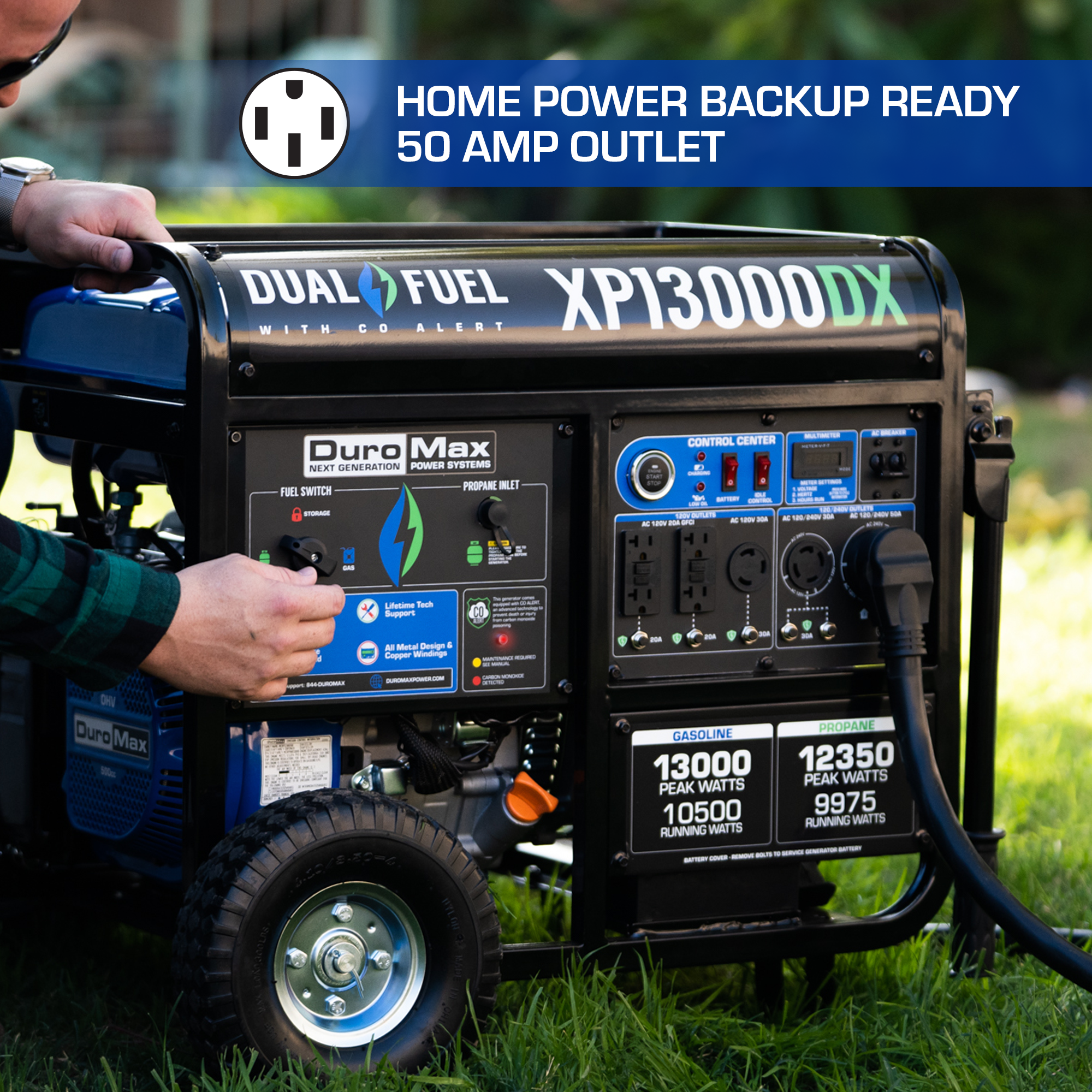 13,000W Dual Fuel Portable Generator with CO Alert - Reliable Backup Power for Home, Camping & Emergency Use