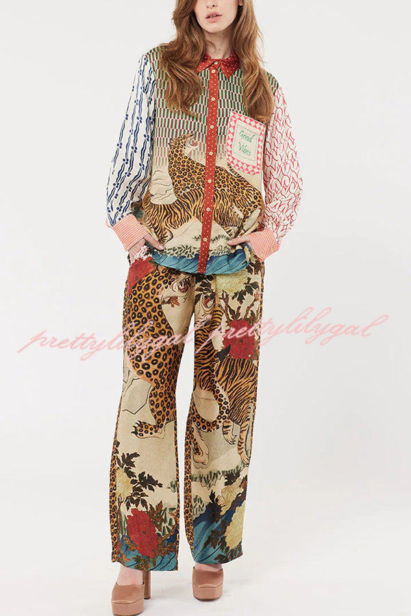 Tropical Jungle Tiger Print Long Sleeve Loose Shirt & Elastic Waist Pants Set - Stylish Animal Print Outfit for Women, Casual Wear, Vacation Outfits, and Street Fashion