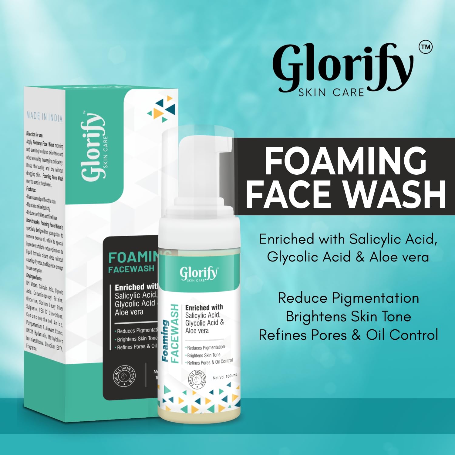 Glorify Foaming Face Wash for Brightening Skin [100ml] - Reduces Pigmentation, Refines Pores & Controls Oil | Gentle Daily Cleanser for Oily & Combination Skin, Perfect for Morning & Night Routine