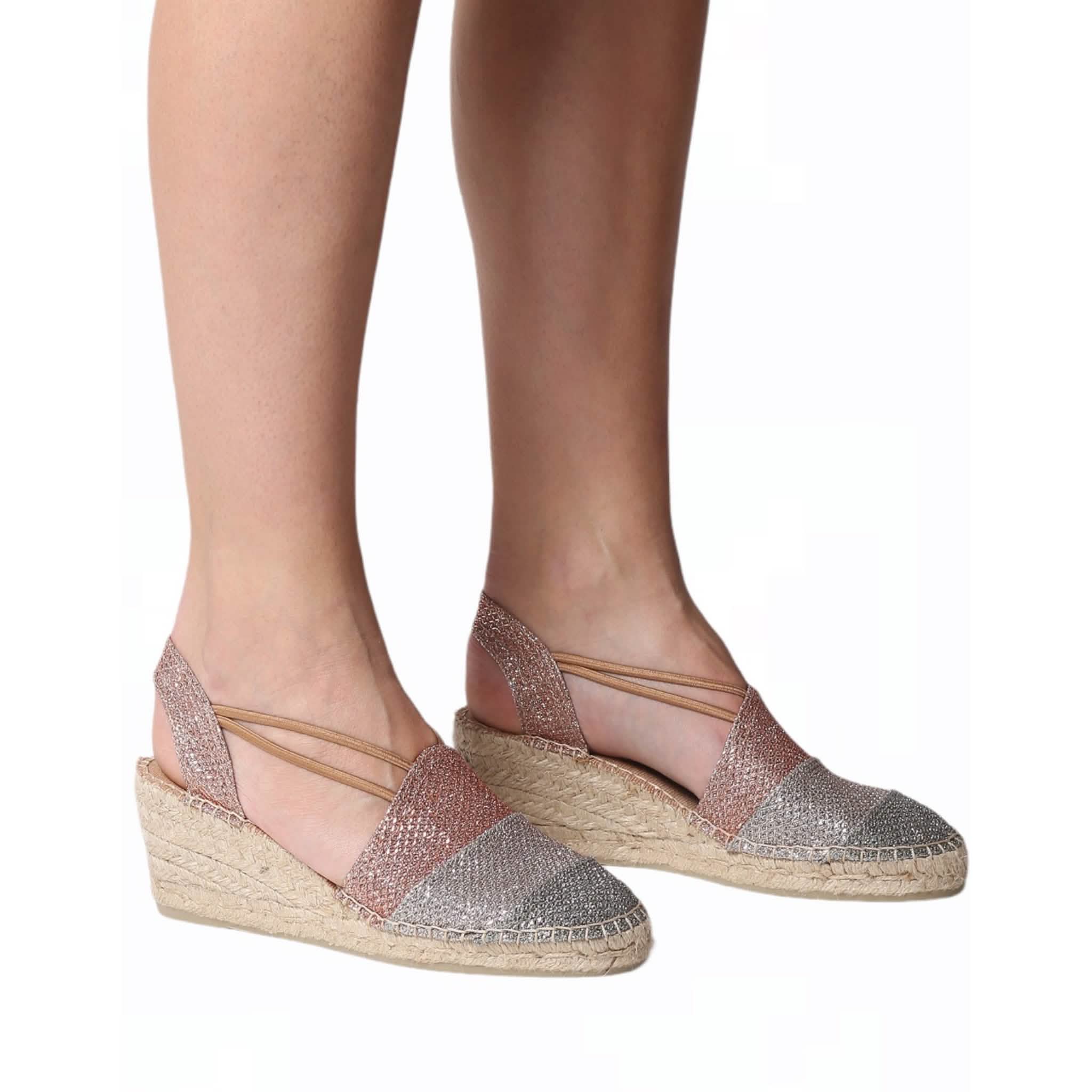 Women's Patchwork Shimmery Wedge Espadrille Sandals - Comfortable Summer Beach Shoes for Walking, Travel & Vacation Outfits