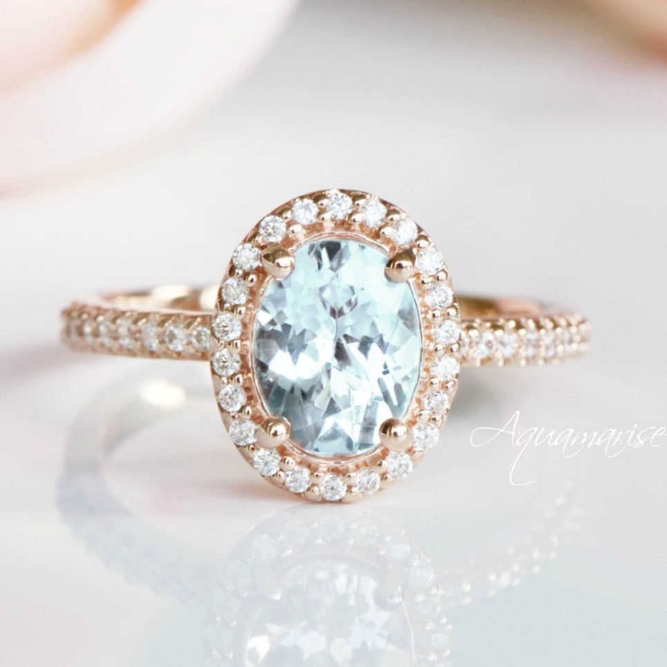 14K Solid Rose Gold Iris Oval Aquamarine Engagement Ring - Elegant Wedding Band, Anniversary Gift for Her, Perfect for Proposals & Special Occasions