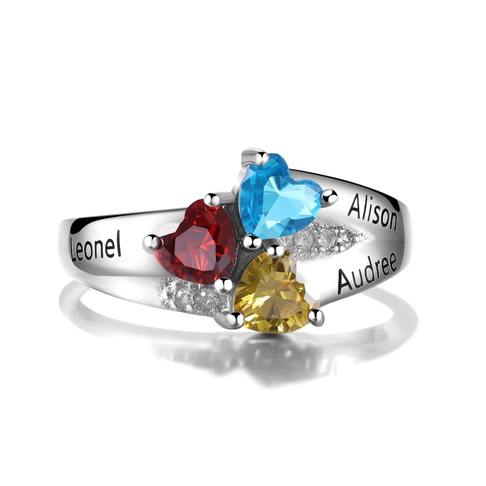 Personalized Sterling Silver Mother's Ring with 3 Birthstones - Custom Engraved Name Ring for Women, Mom, Grandmother & Wife | Perfect Gift for Mother's Day, Birthday & Anniversary