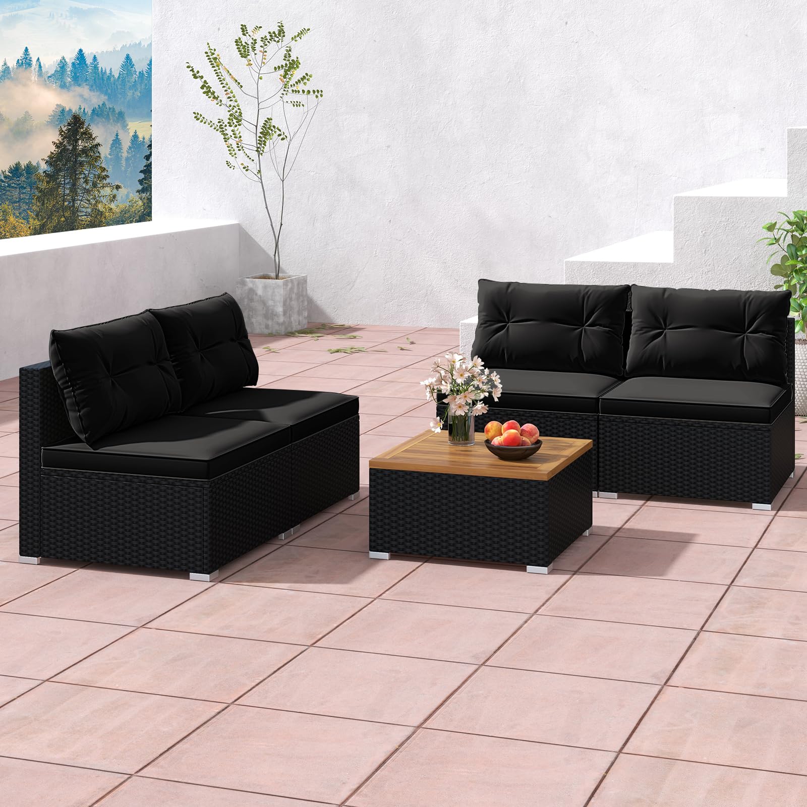 Tangkula 5-Piece Outdoor Rattan Sofa Set with Cushions & Square Coffee Table - Patio Furniture for Backyard, Poolside, Garden (Black) | Perfect for Relaxing, Entertaining & Outdoor Gatherings