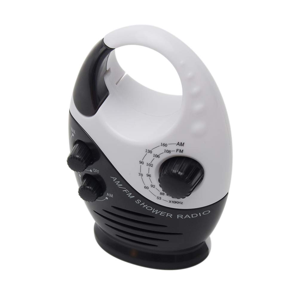 Waterproof Shower Radio with Built-in Speaker - Splash Proof AM/FM Bathroom Radio with Top Handle, Adjustable Volume (Black & White) - Perfect for Shower, Bath, Poolside & Outdoor Activities