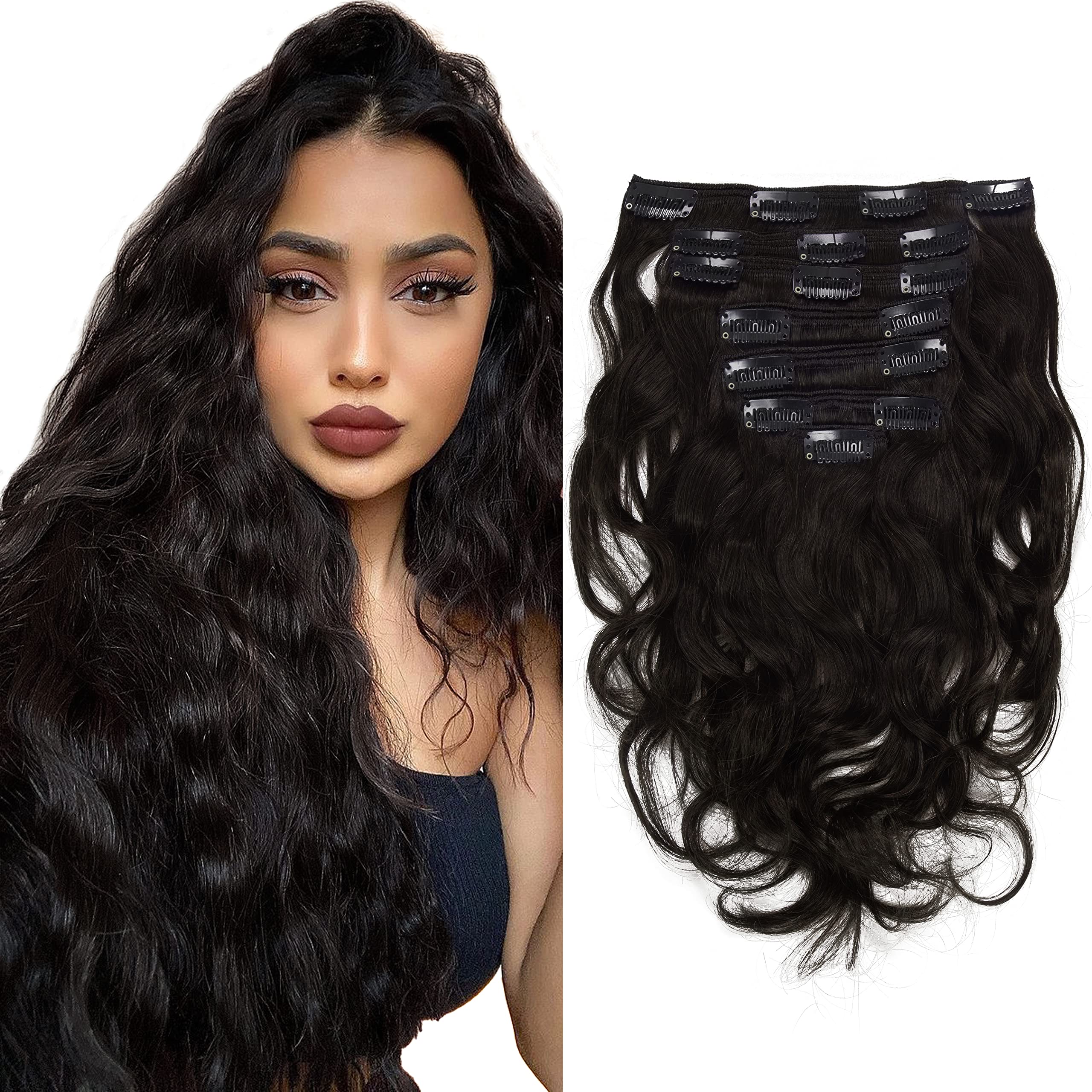 Anrosa 7-Piece Natural Wave Curly Human Hair Extensions - 22 Inch Long Brazilian Virgin Hair Weft (120g, #1B Off Black) with 17 Clips - Perfect for African American Hair Styling, Volume Boosting & Everyday Wear